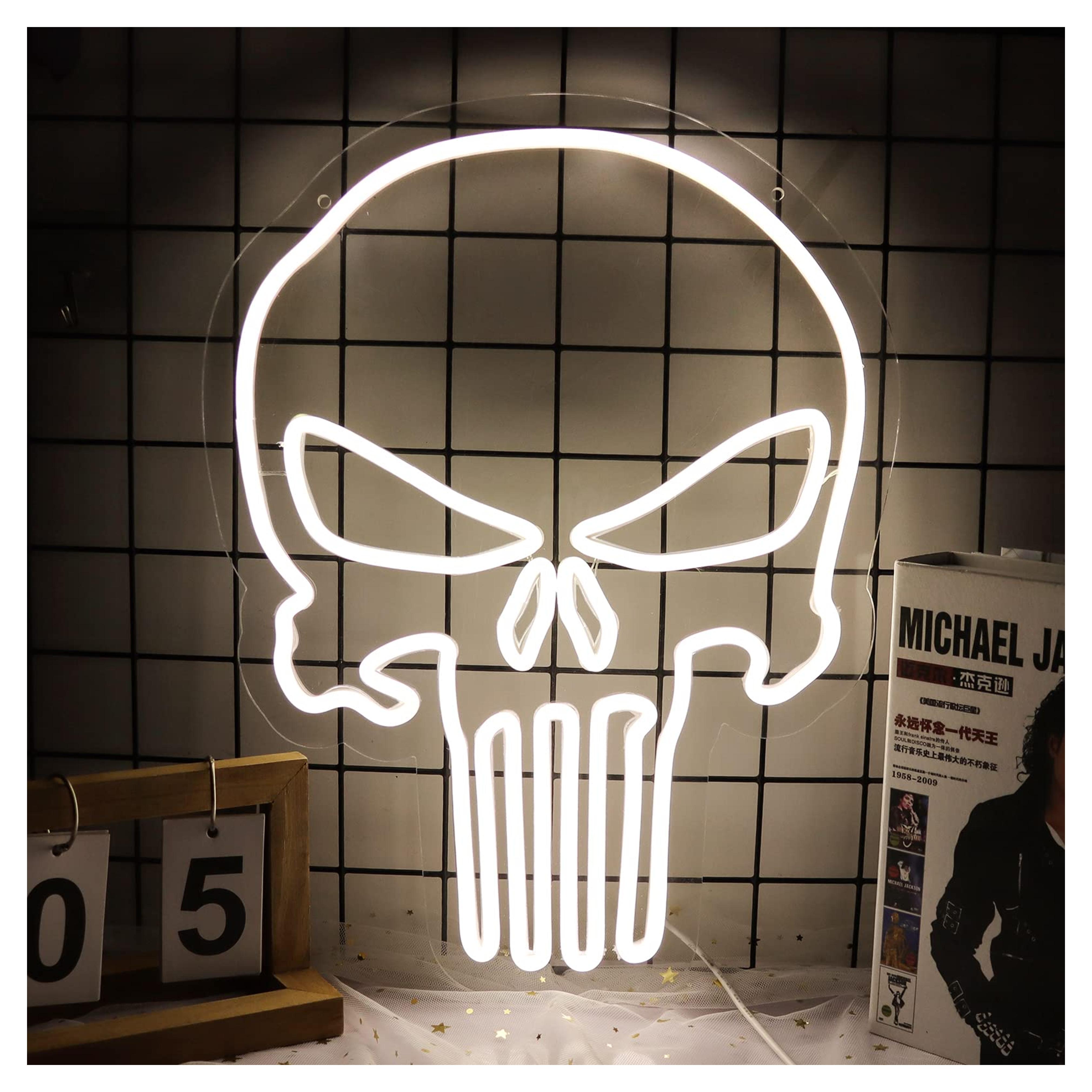 Punisher Skull Neon Signs for Wall Decor Punisher Logo Neon Lights for Bedroom Led Signs Suitable for Man Cave Living Room Beer Bar Cafe Game Room Hotel Birthday Party Restaurant Christmas Led Art Wall Decorative Lights Unique Gift for Lover, 5V USB Power 16.5*13Inch(White)