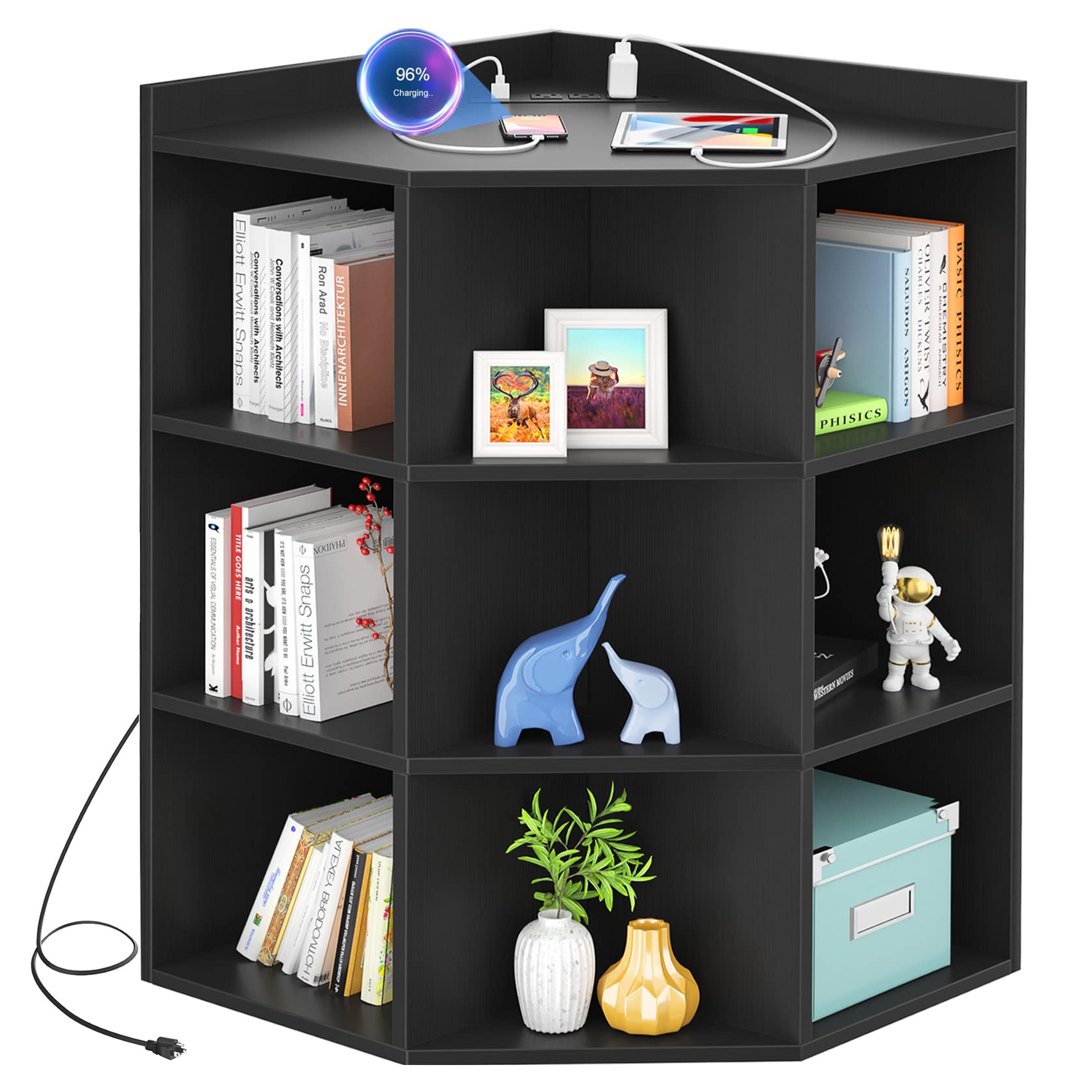 Aheaplus Corner Cabinet, Black Corner Storage with USB Ports and Outlets, Corner Cube Toy Storage for Small Space, Wooden Cubby Corner Bookshelf with 9 Cubes for Playroom, Bedroom, Living Room, Black