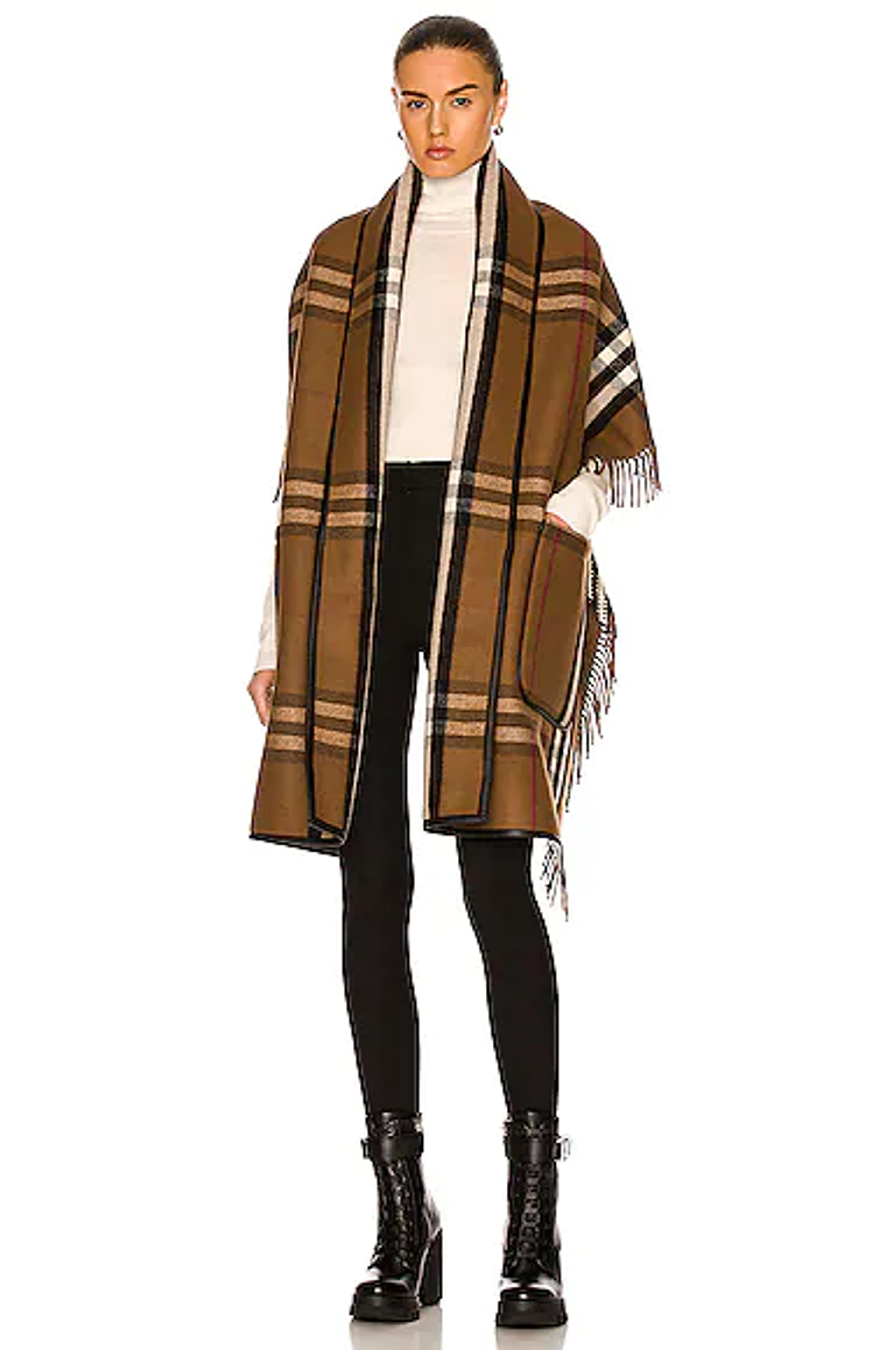 Burberry Giant Check Helene Pocket Cape in Birch Brown | FWRD