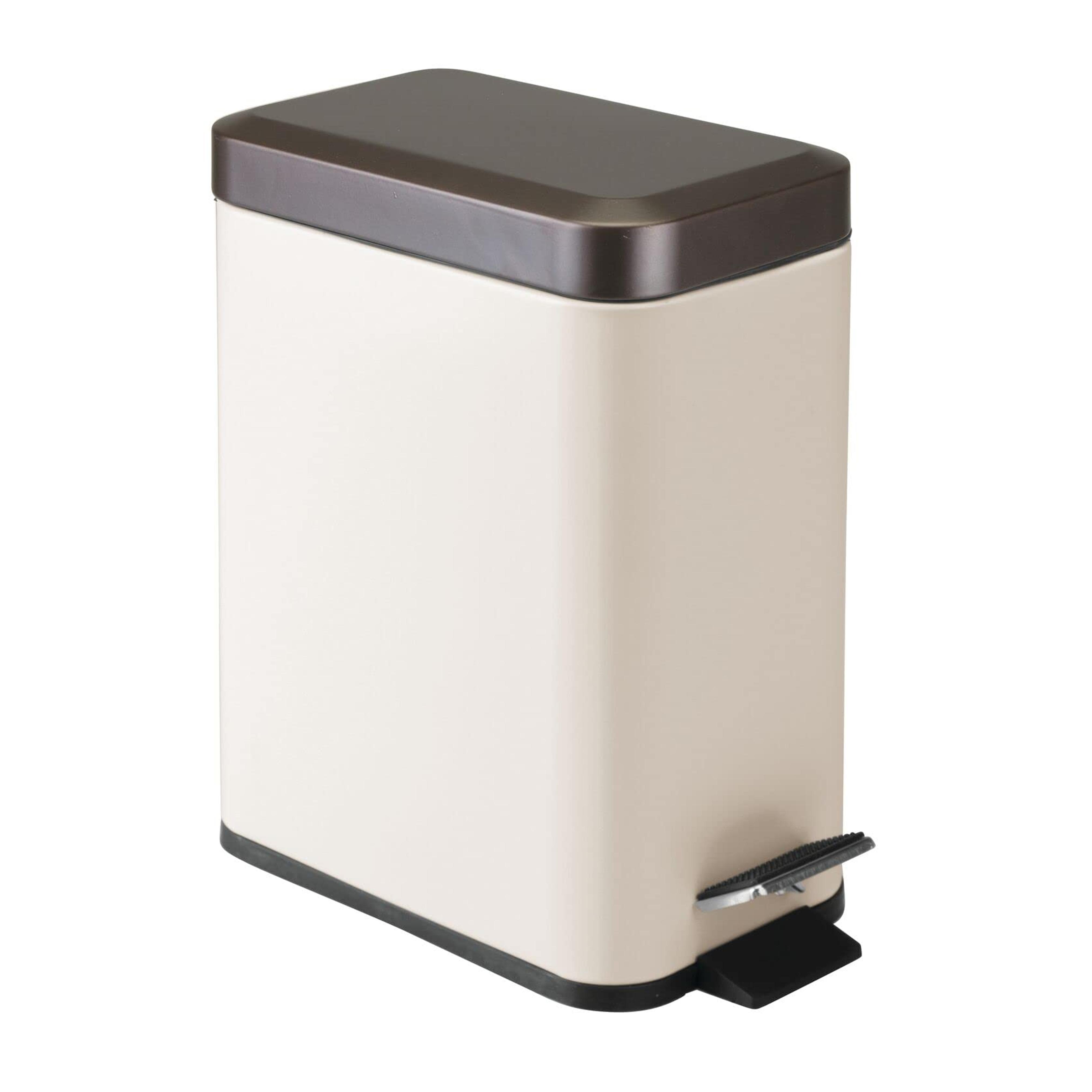 mDesign Small Modern 1.3 Gallon Rectangle Metal Lidded Step Trash Can, Compact Garbage Bin with Removable Liner Bucket, Handle for Bathroom, Kitchen, Craft Room, Office, Garage - Vanilla/Cream/Bronze