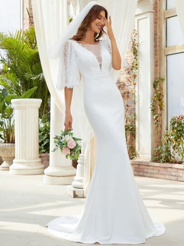 Contrast Guipure Lace Mesh Tube Wedding Dress Without Veil