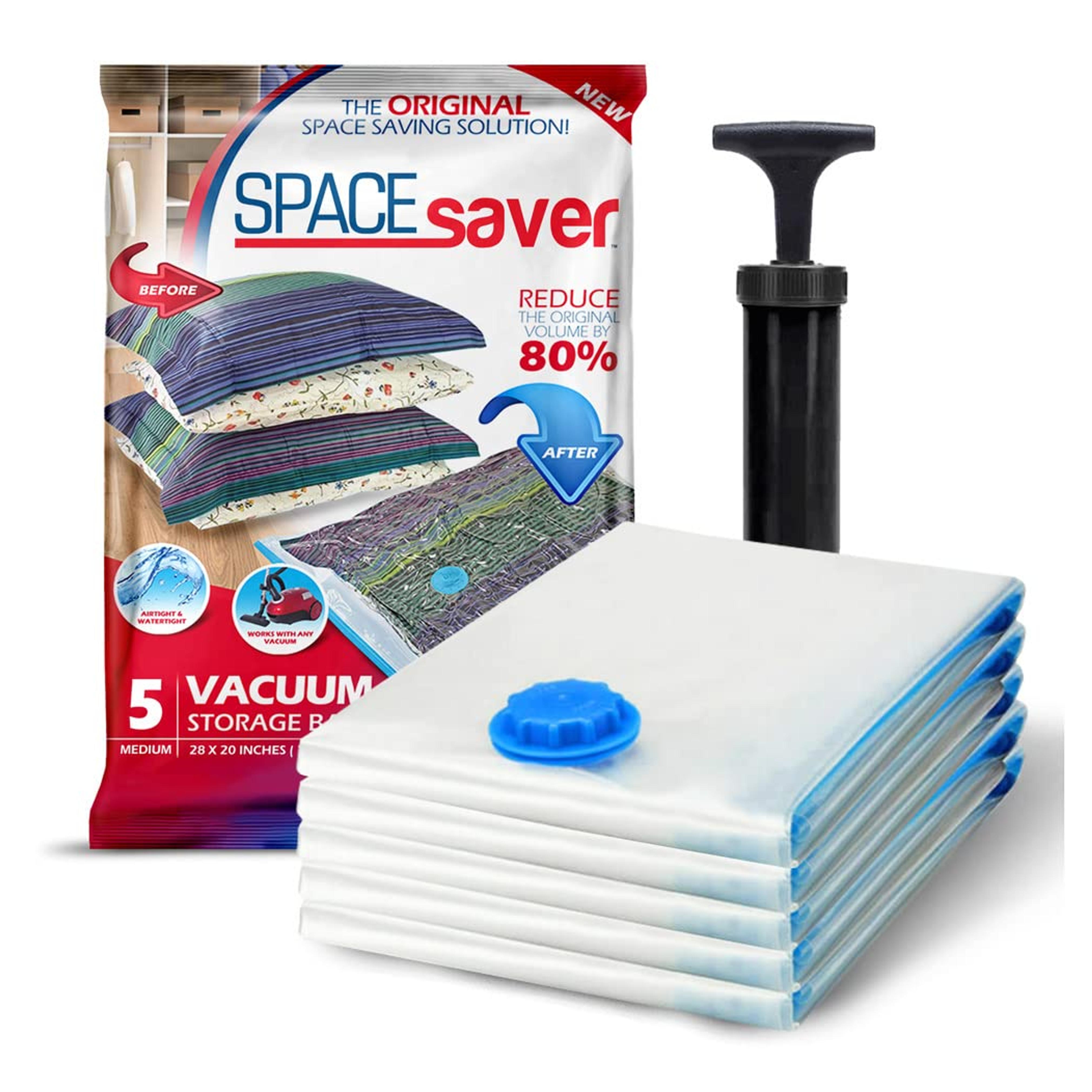 Amazon.com: Spacesaver Vacuum Storage Bags (Medium 5 Pack) Save 80% on Clothes Storage Space - Vacuum Sealer Bags for Comforters, Blankets, Bedding, Clothing - Travel Vacuum Bags - Hand Pump Included : Home & Kitchen