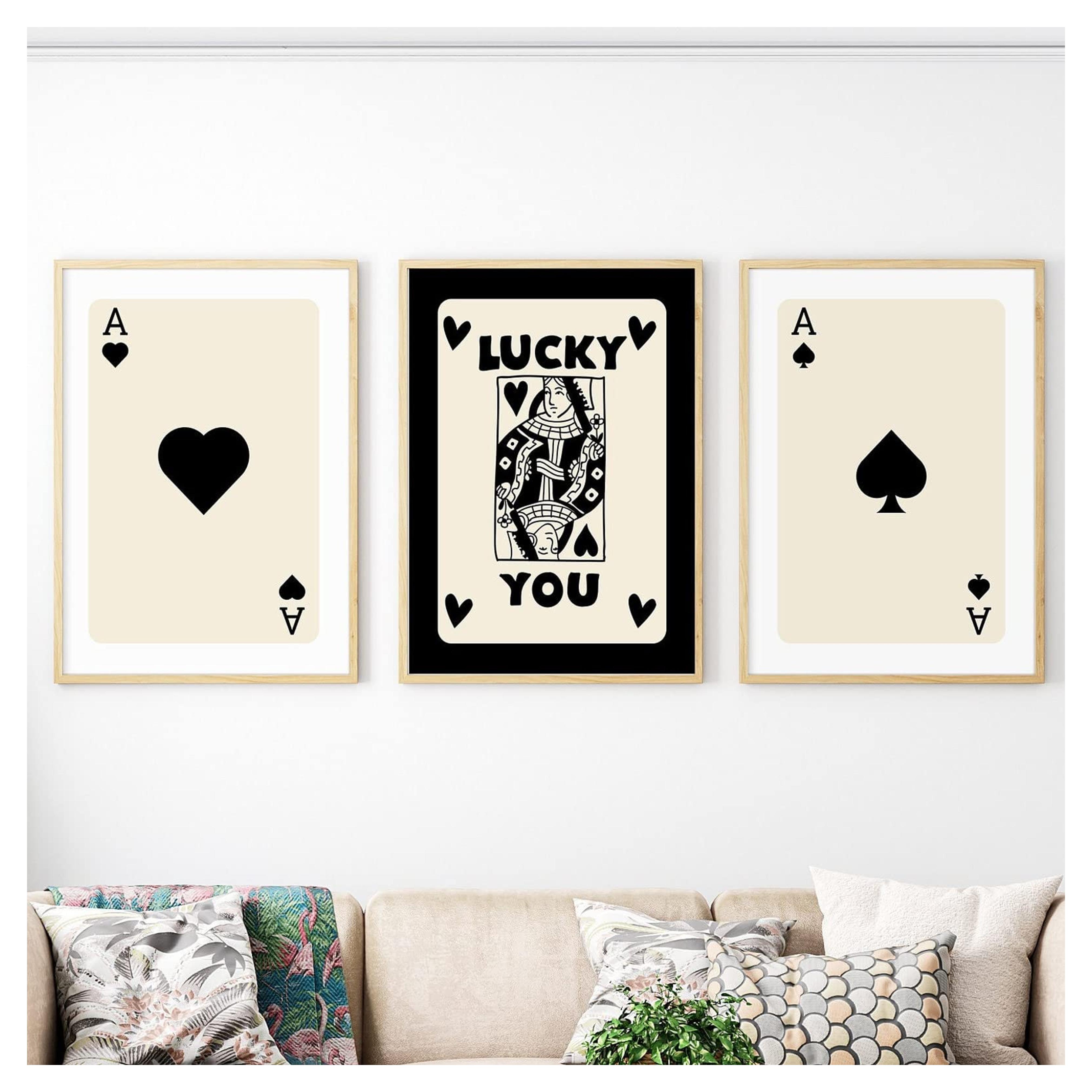 3 Piece Poker Art Queen of Hearts Ace of Spades Playing Card Posters for Game Room Aesthetic Lucky You Poker Canvas Wall Art Funny Trendy Casino Theme Party Wall Decor for Bedroom 12x16in Unframed