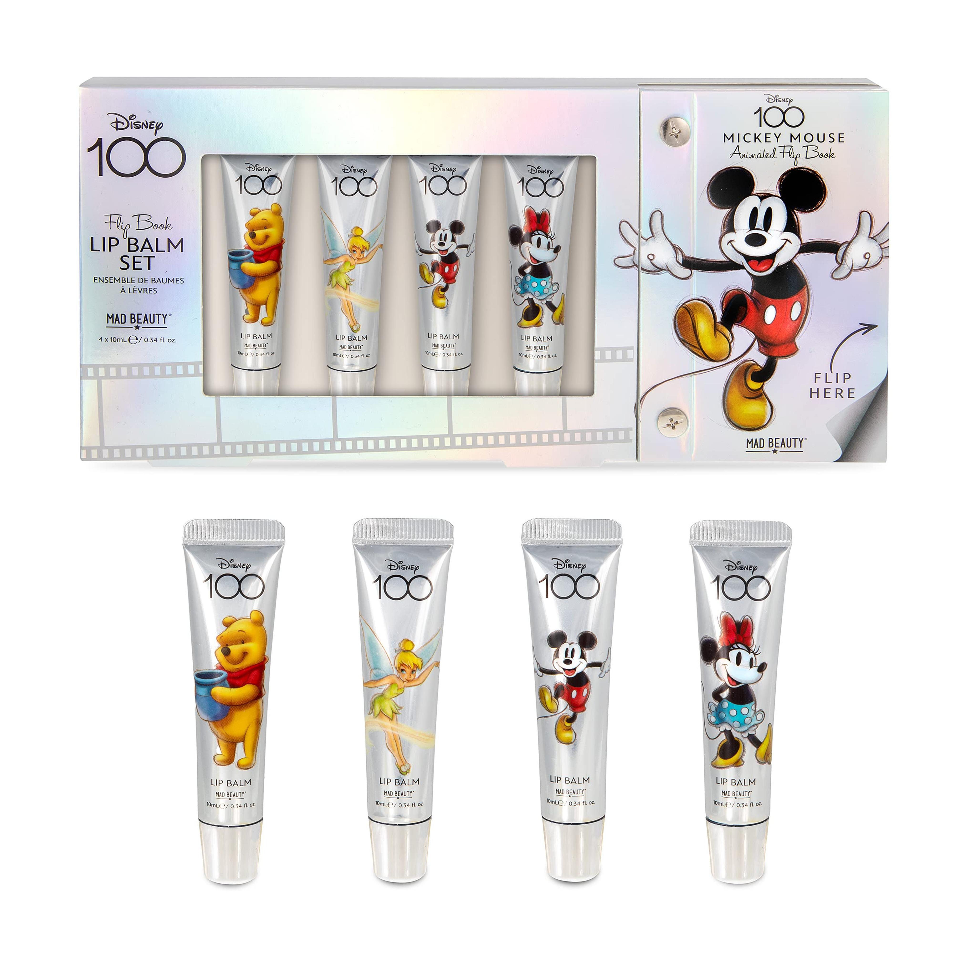 MAD BEAUTY Disney 100 Years of Wonder 4-Piece Lip Balm Set Limited Edition, Lip Smacking Fragrances: Vanilla, Apple, Coconut, & Strawberry, Pooh, Tinker Bell, Mickey, & Minnie, Collectible Flip Book