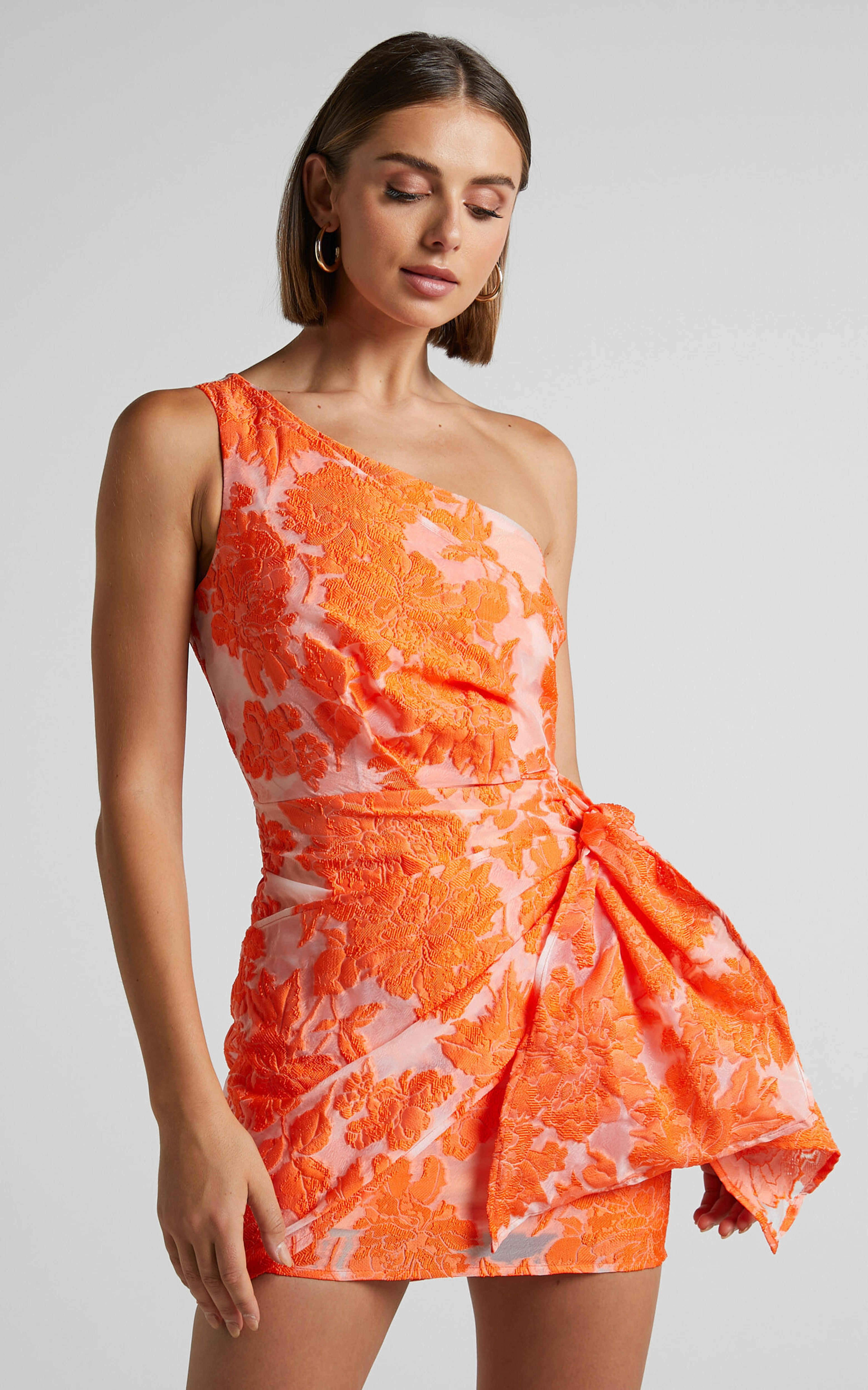 Brailey One Shoulder Wrap Front Mini Dress in Orange Jacquard | Showpo USA