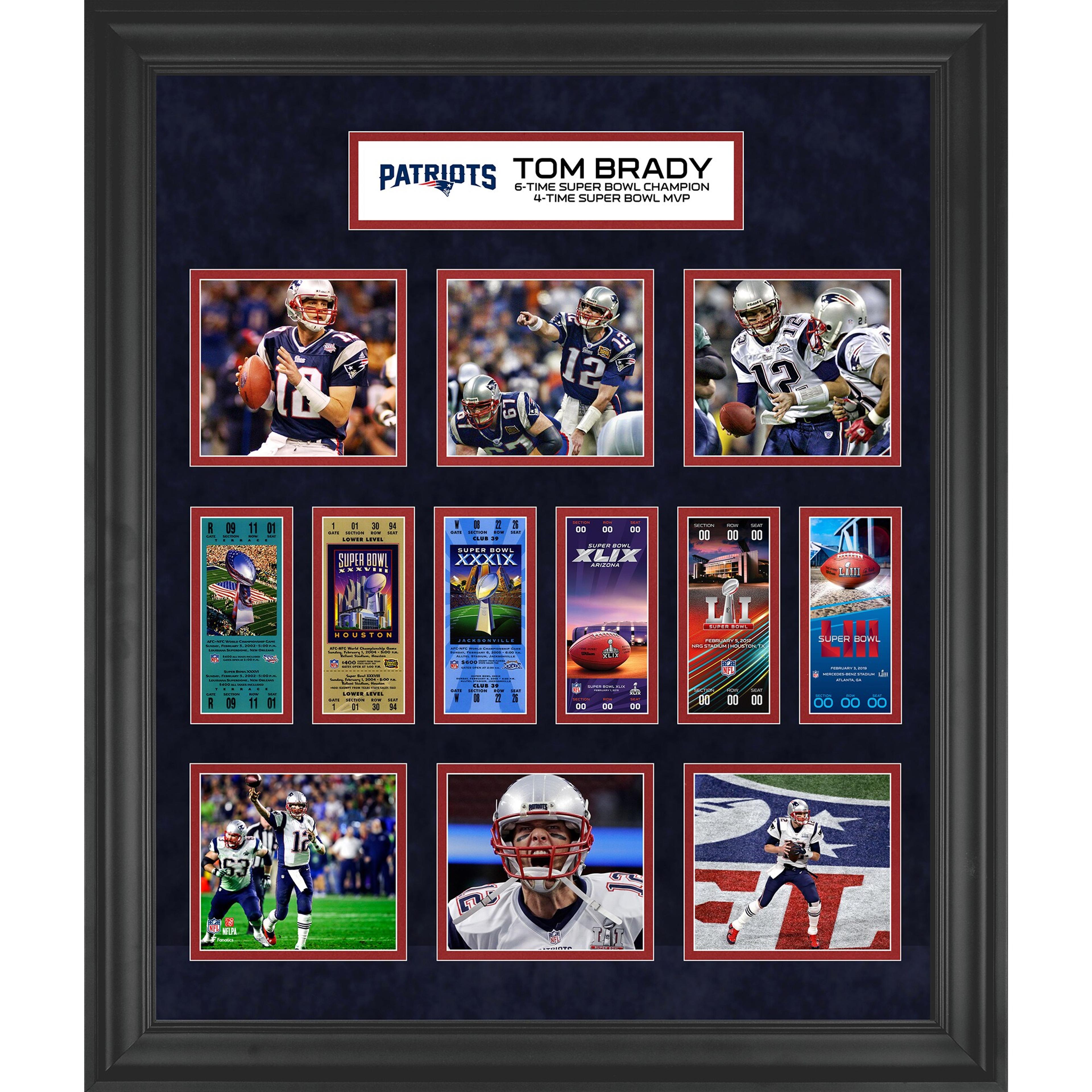 New England Patriots Tom Brady Fanatics Authentic Framed 23" x 27" 6-Time Super Bowl Champion Ticket Collage
