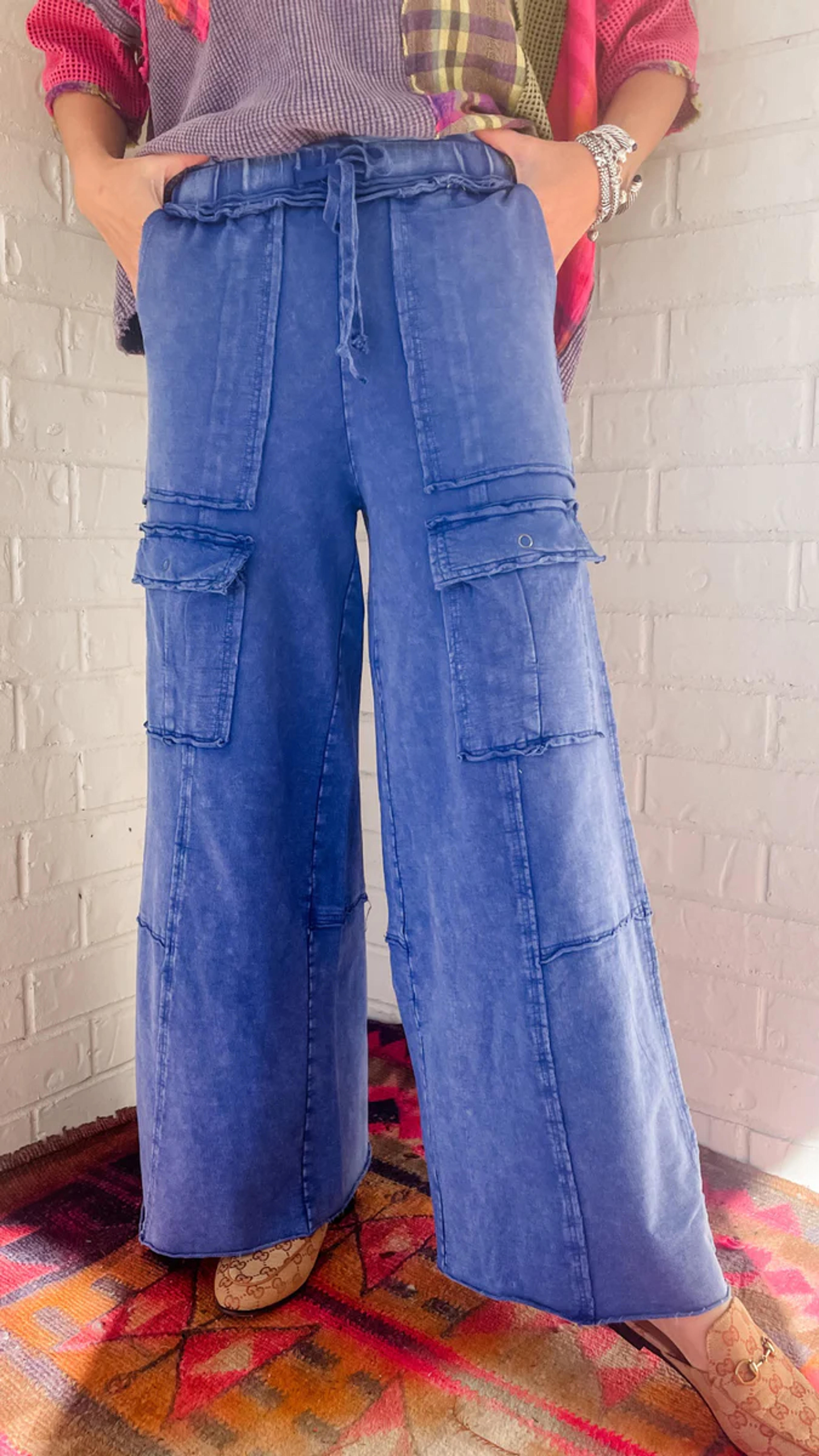 Blue Mineral Washed Wide Leg Pant