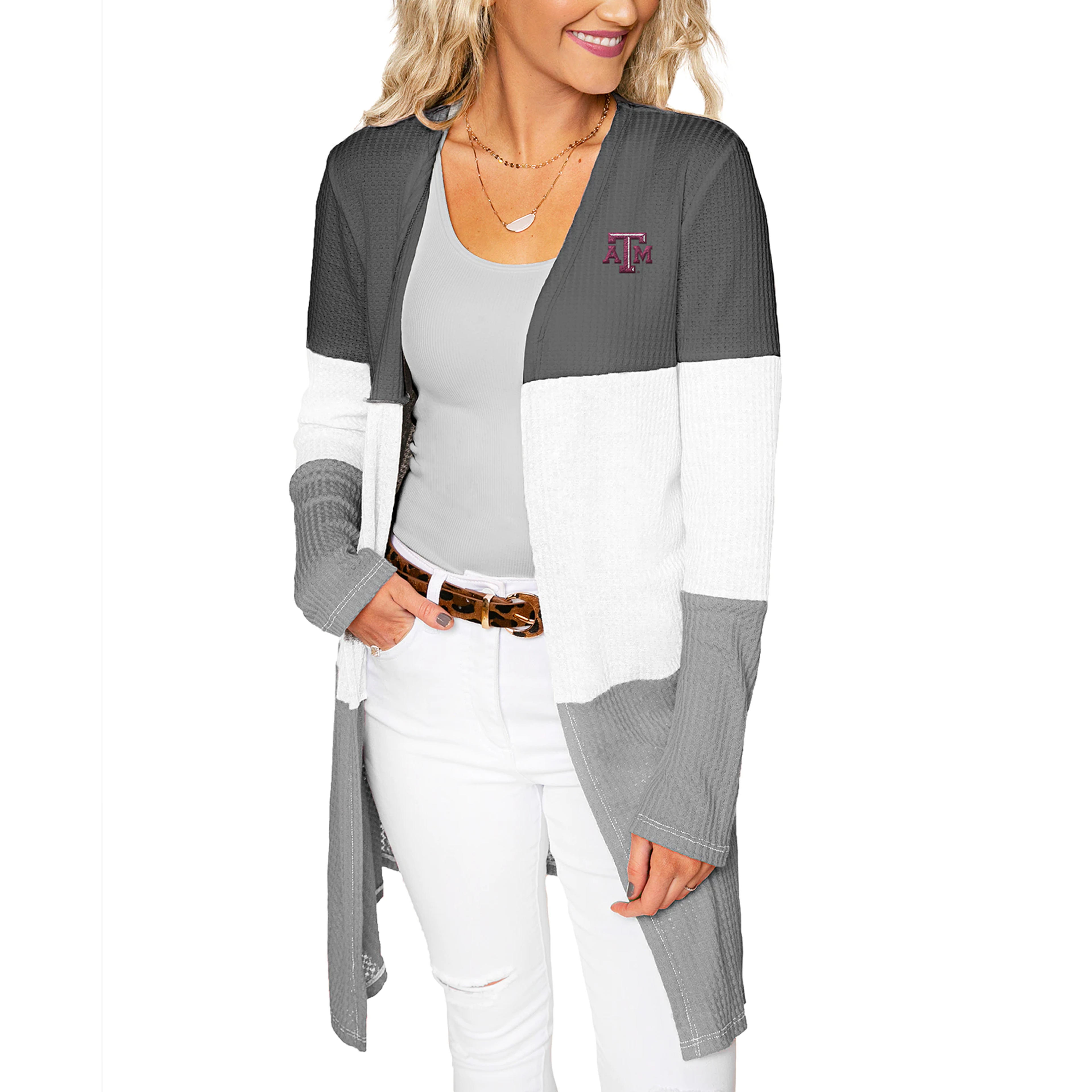 Texas A&M Aggies Women's Thermal Waffle Knit Colorblock Cardigan - Gray/White