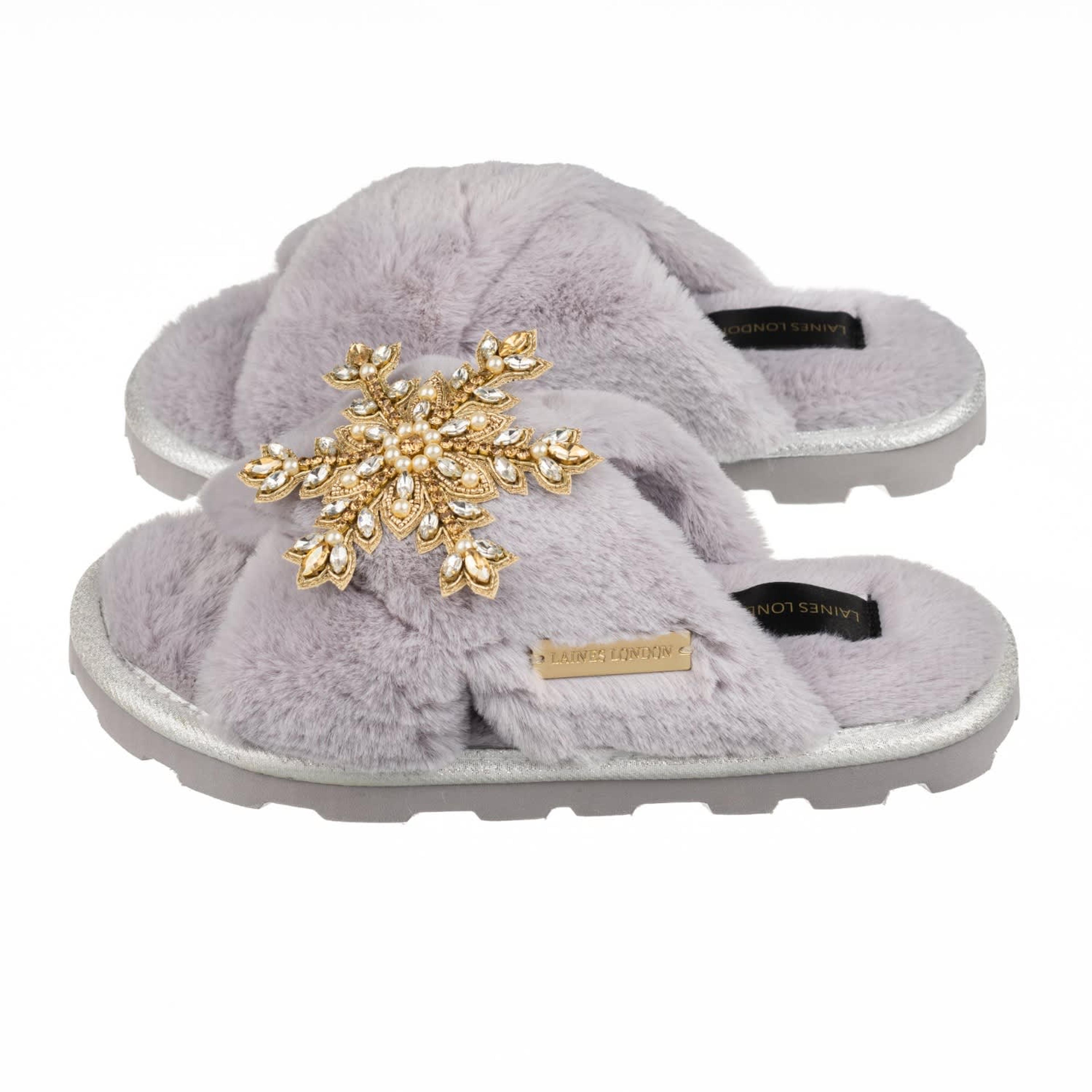 Ultralight Chic Laines Slipper Sliders With Gold & Diamanté Snowflake Brooch - Grey