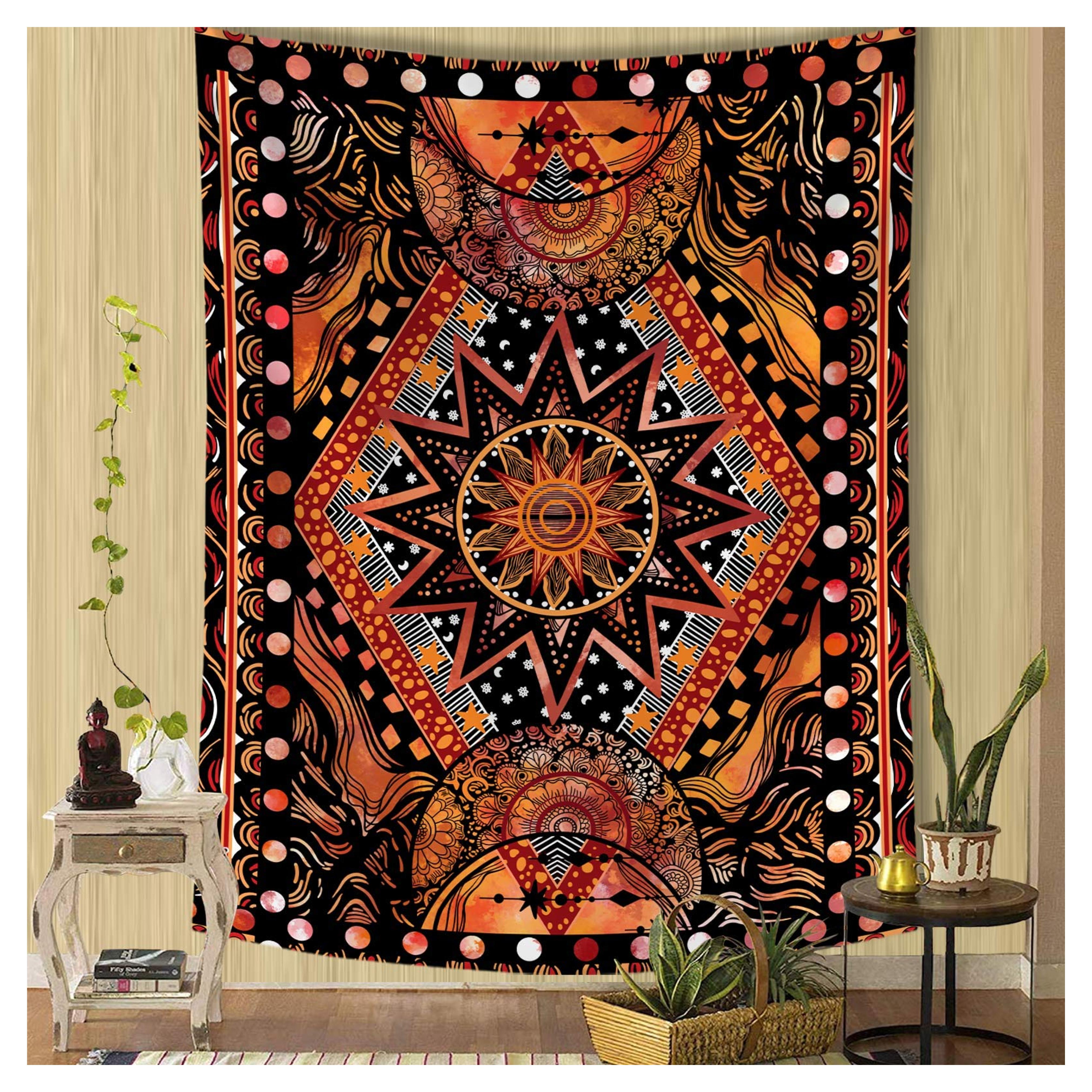 Fowocu Orange Sun and Moon Tapestry Wall Hanging, Indie Hippie Mandala Cool Wall Tapestries, Aesthetic Tapestry for Bedroom Living Room Dorm (Orange, 50'' × 60'')