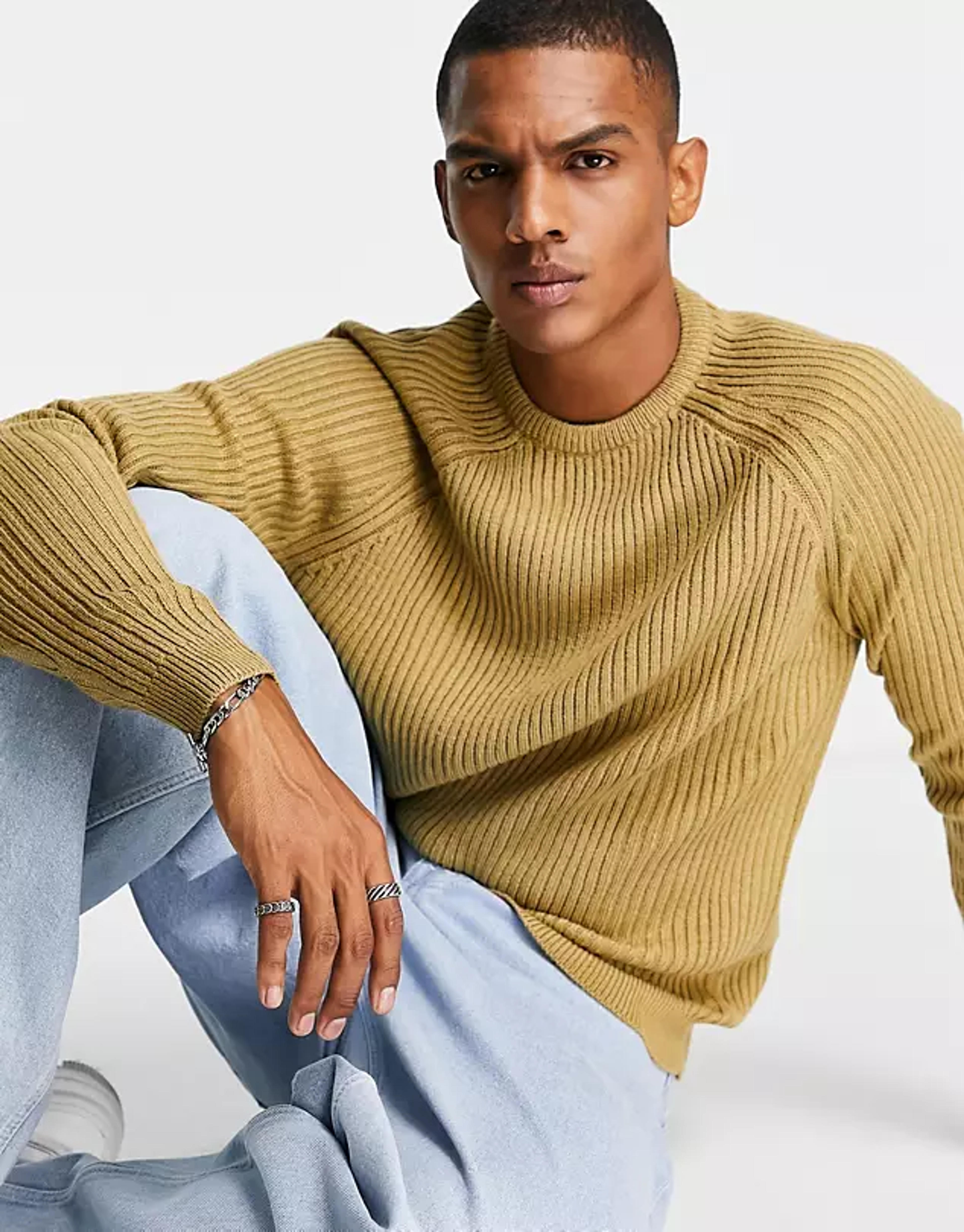 ASOS DESIGN knit rib crew neck sweater in tan | ASOS