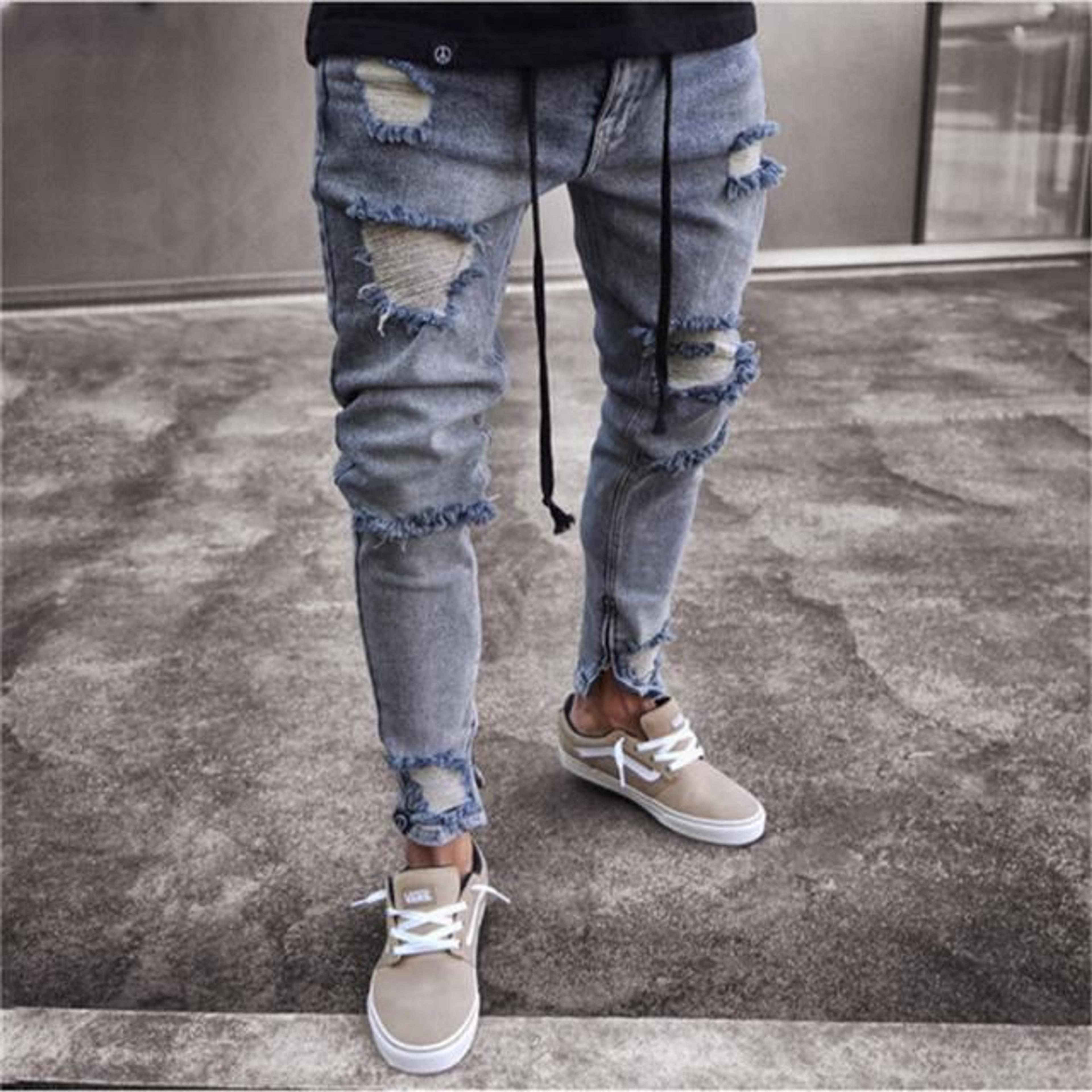 Men's Jeans With Patches - Blue Destroyed / S / Denim Jeans