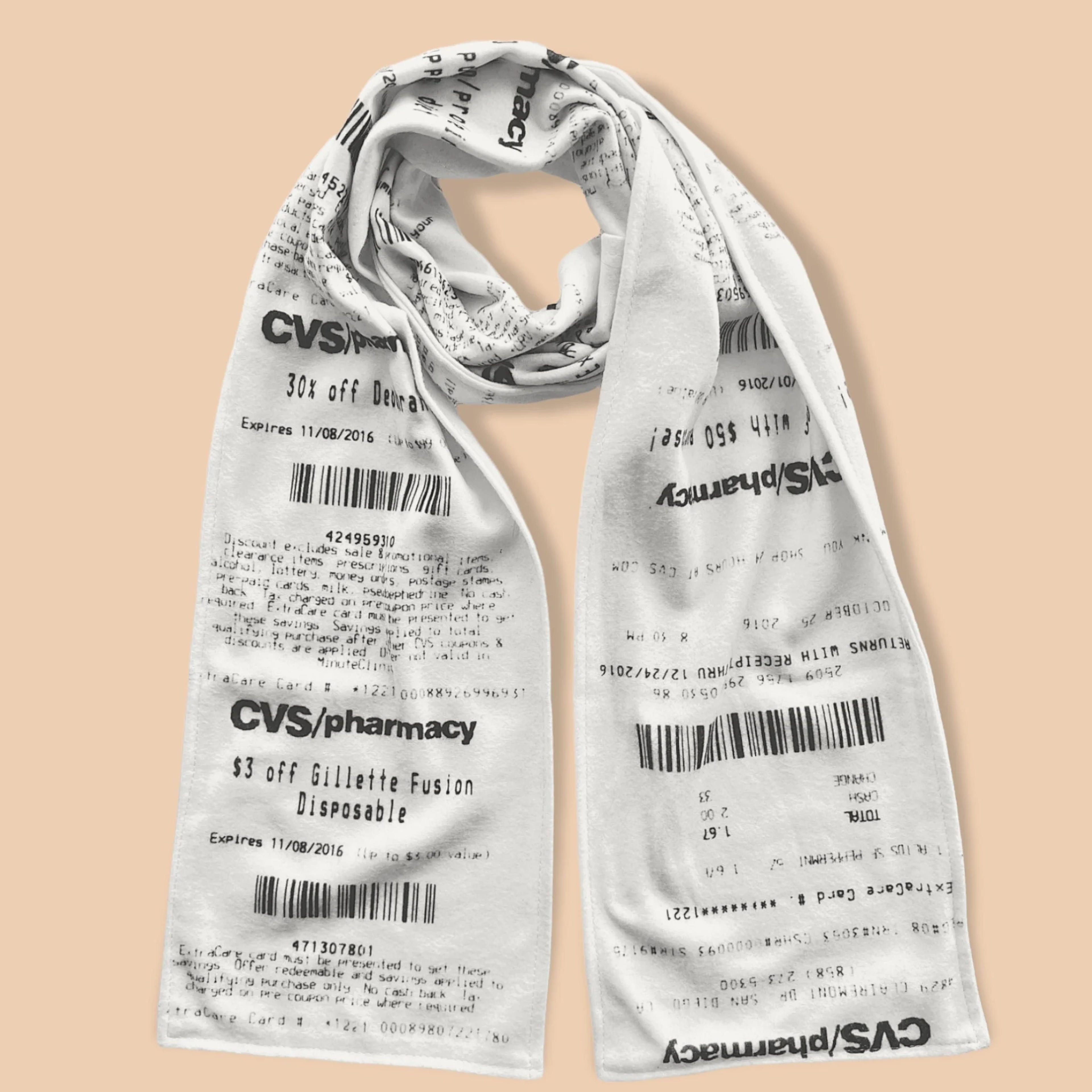 CVS Receipt Scarf, double-sided, soft fleece scarf for any season. Looks just like a real CVS receipt! Makes a great gift for him or her.