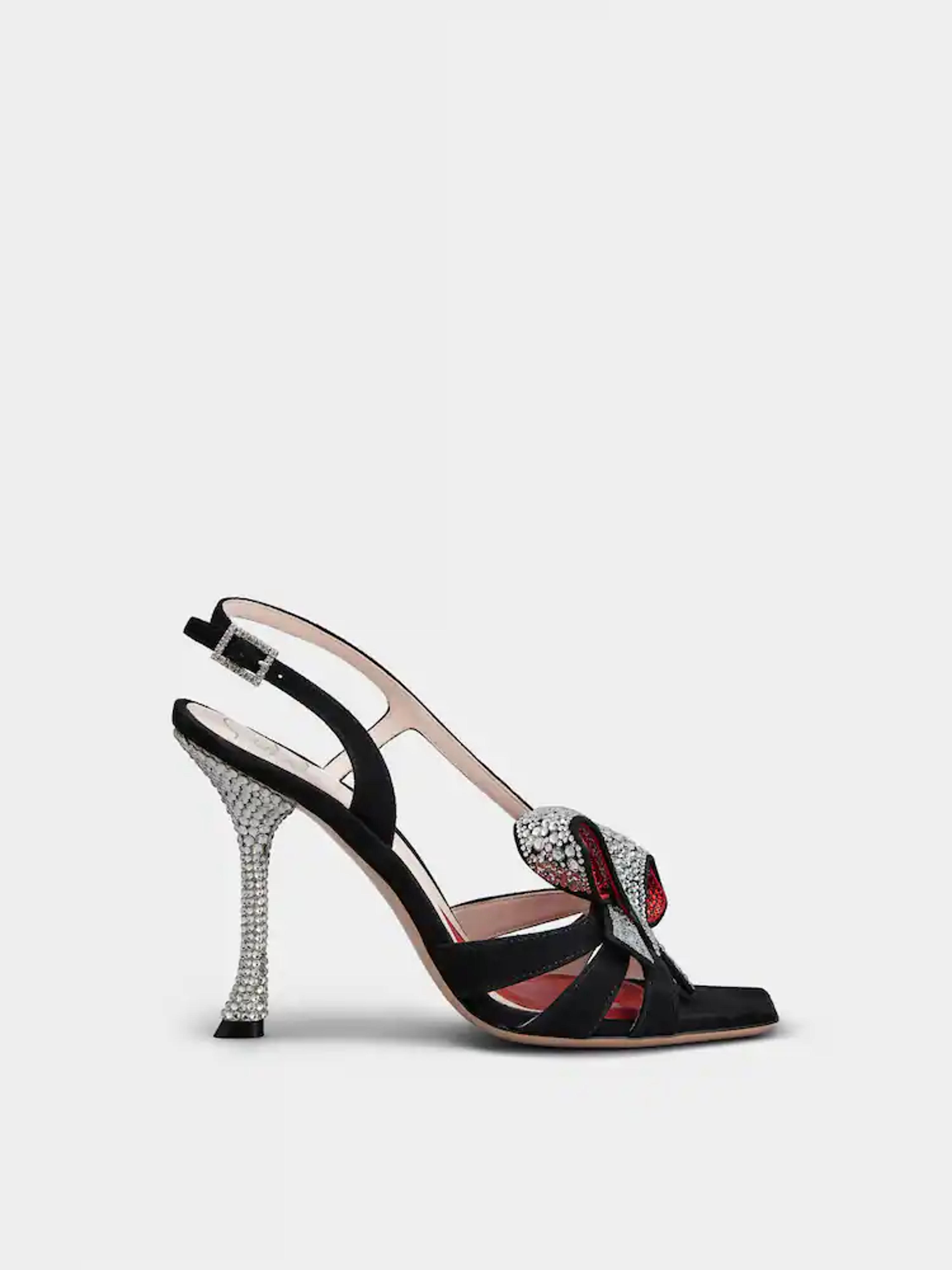 Strass Bow-Heel Sandals in Suede Black Woman RVW622334806PI424799 | Roger Vivier