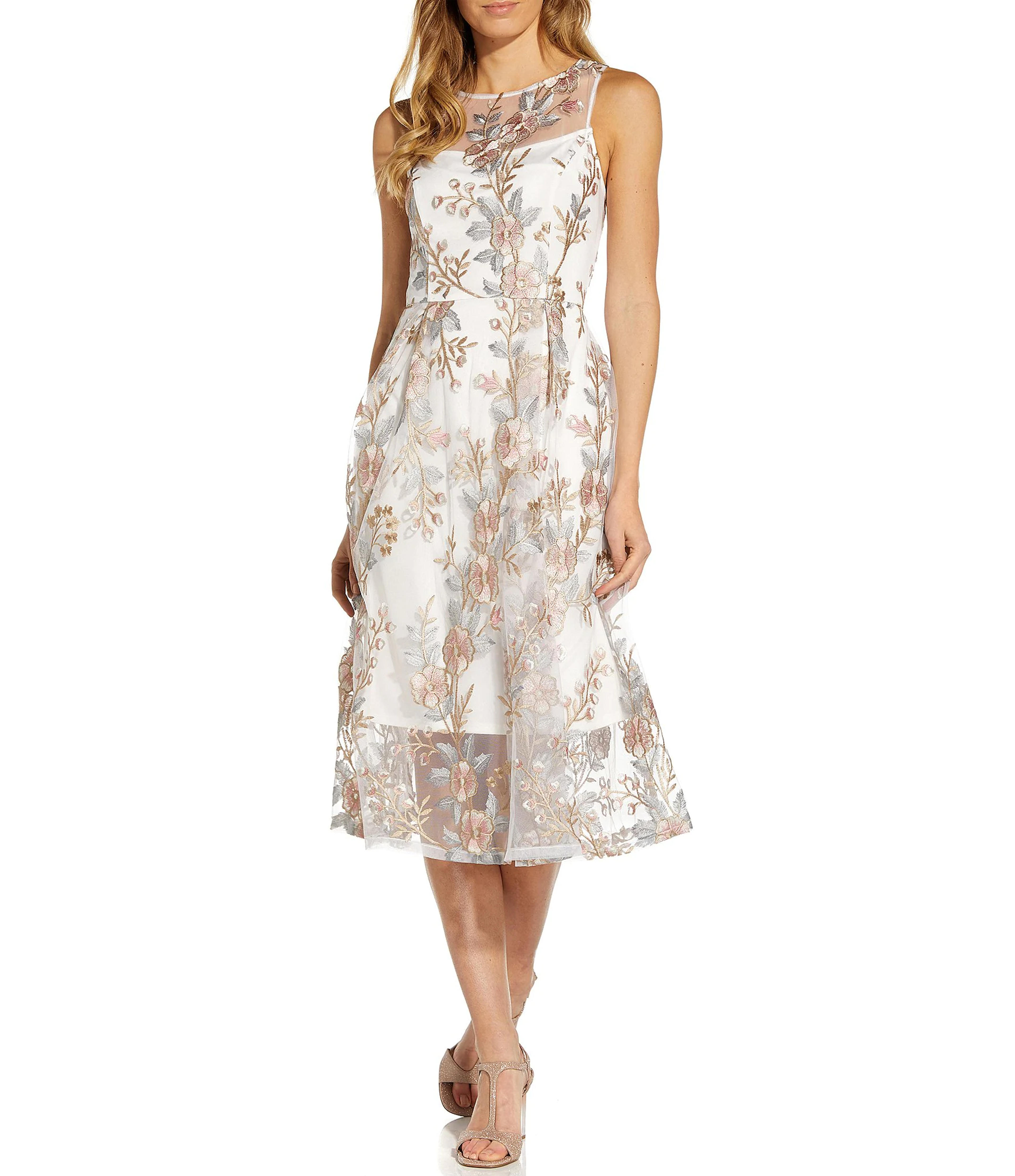 Adrianna Papell Illusion Round Neck Sleeveless Floral Embroidery A-Line Midi Dress | Dillard's