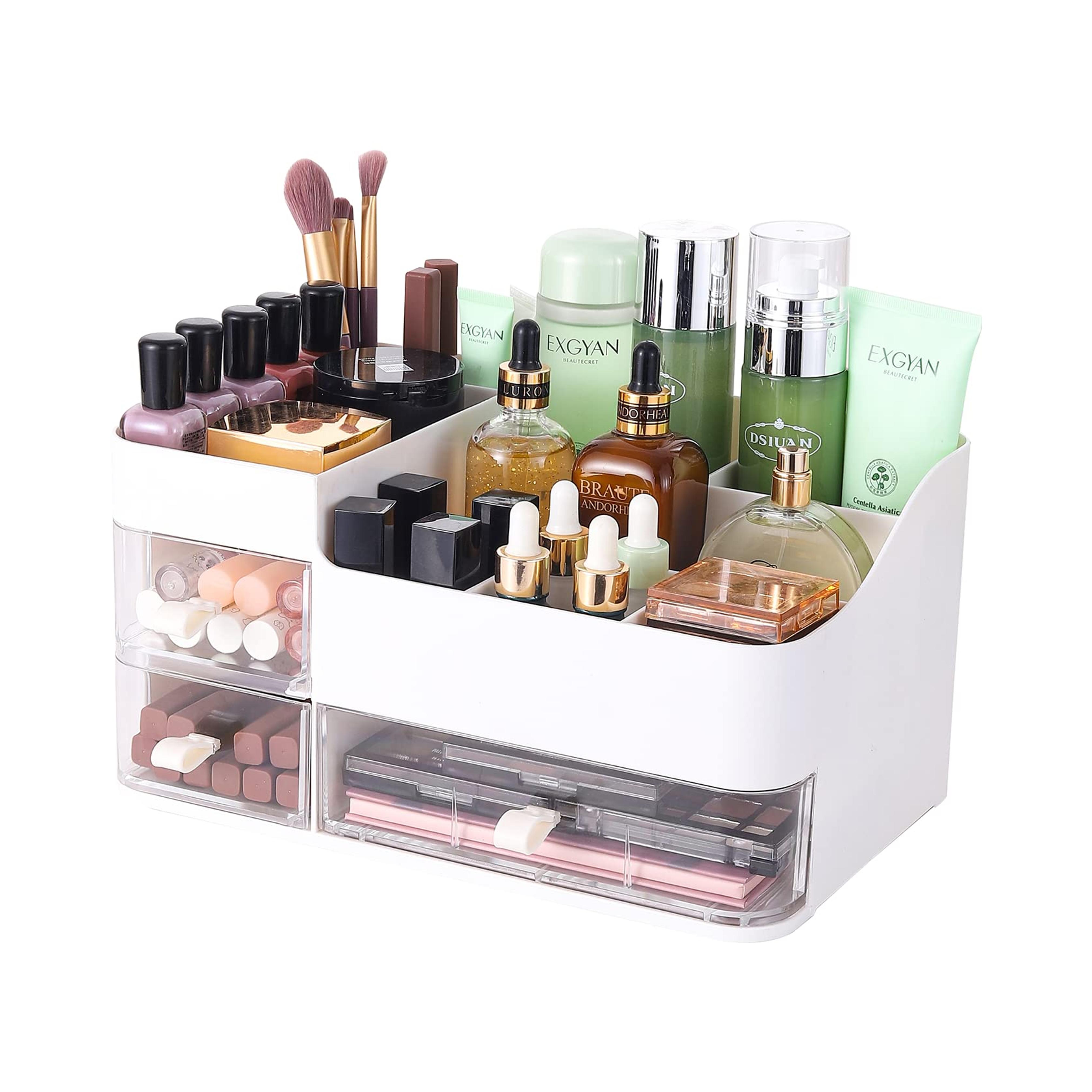 Cq acrylic Makeup Organizer And Storage White Skin Care Cosmetic Display Case With 3 Clear Drawers Make up Stands For Jewelry Hair Accessories Lipstick Lotions Beauty Skincare Product Organizing