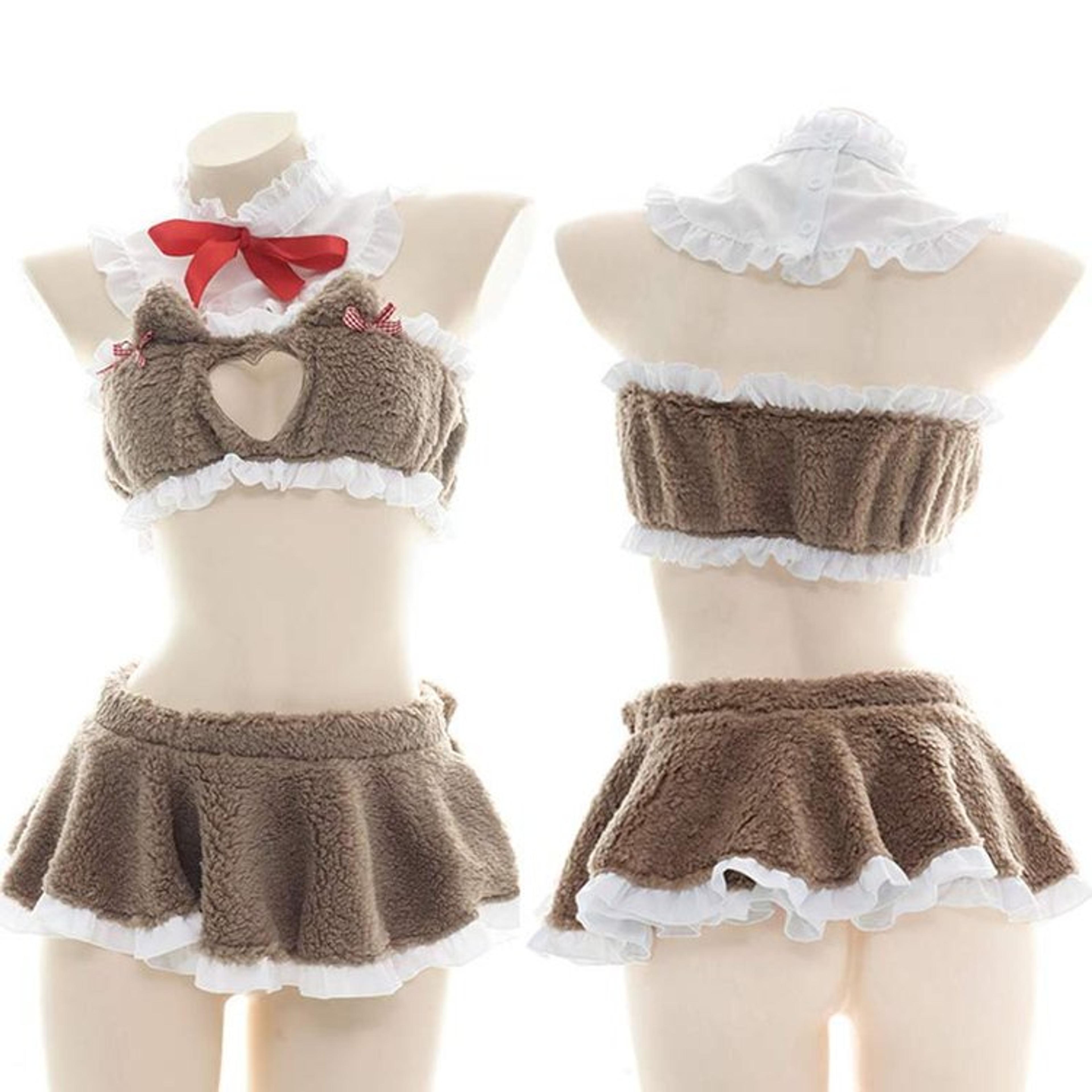 Love Heart Hollow Cat Ears Plush Lingerie Set