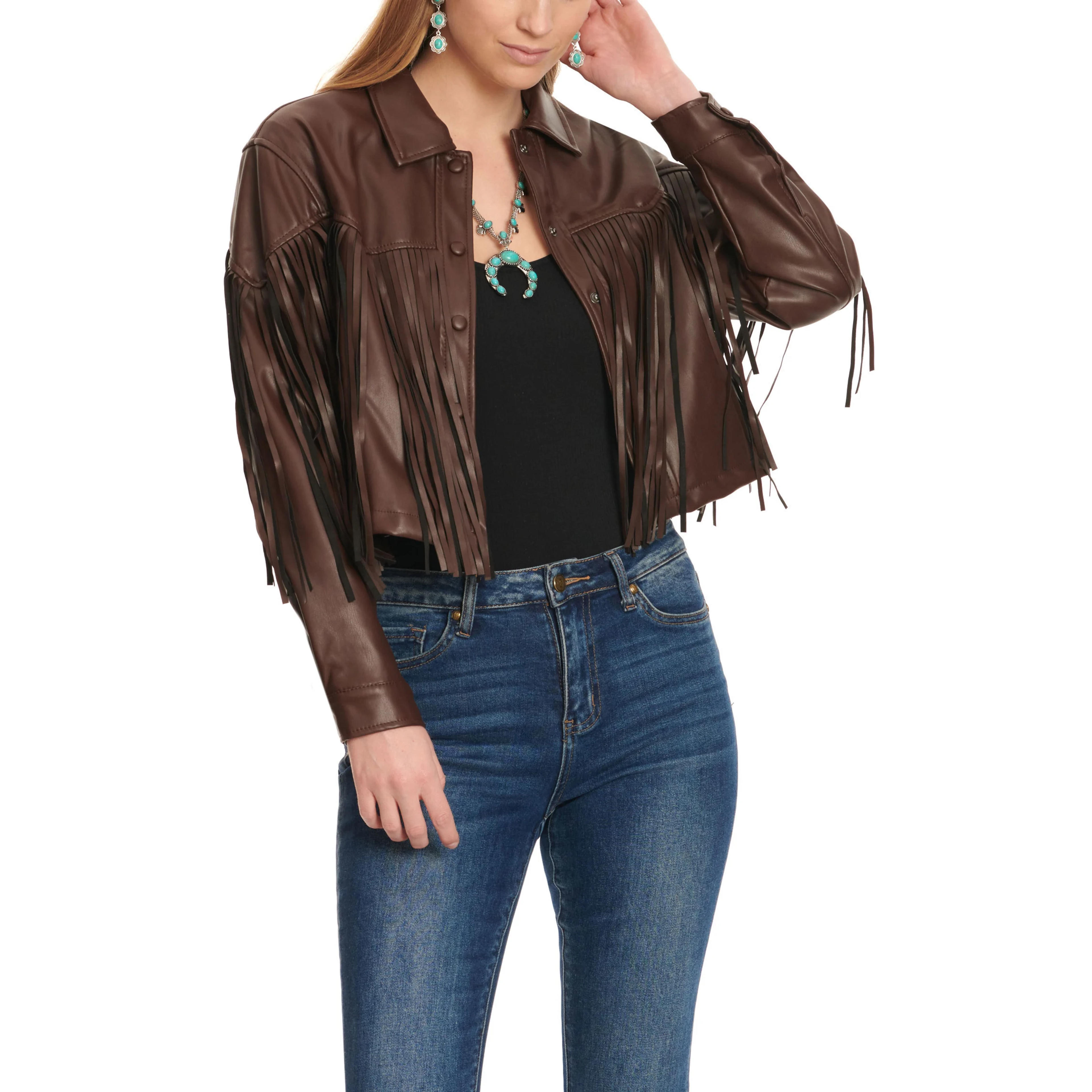 Khaki & Blue Women's Dark Chocolate Faux Leather Long Fringed Cropped Jacket