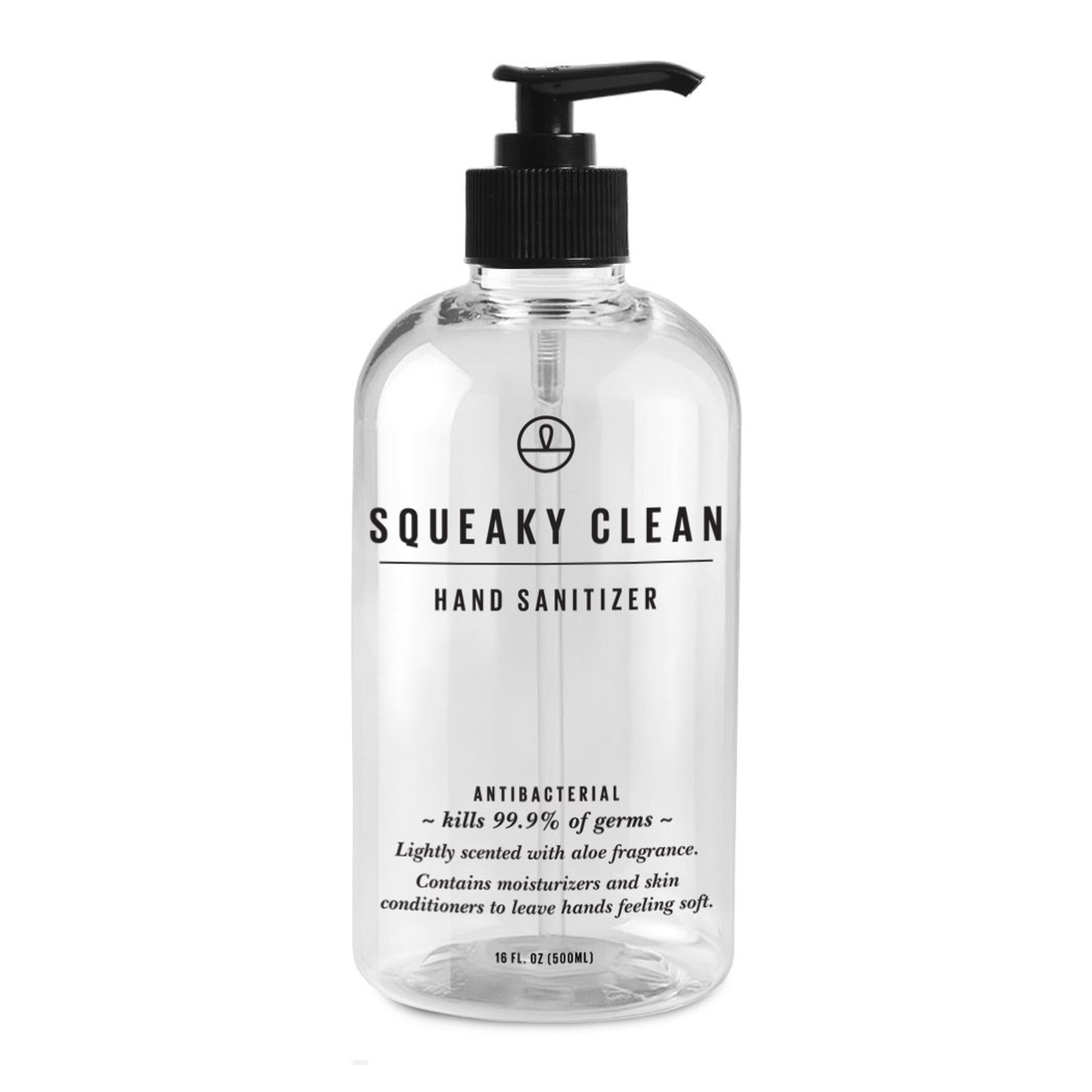 Squeaky Clean Instant Hand Sanitizer with Moisturising Aloe Vera 16oz. This Advanced Antibacterial Gel Comes in a Handy Pump Bottle
