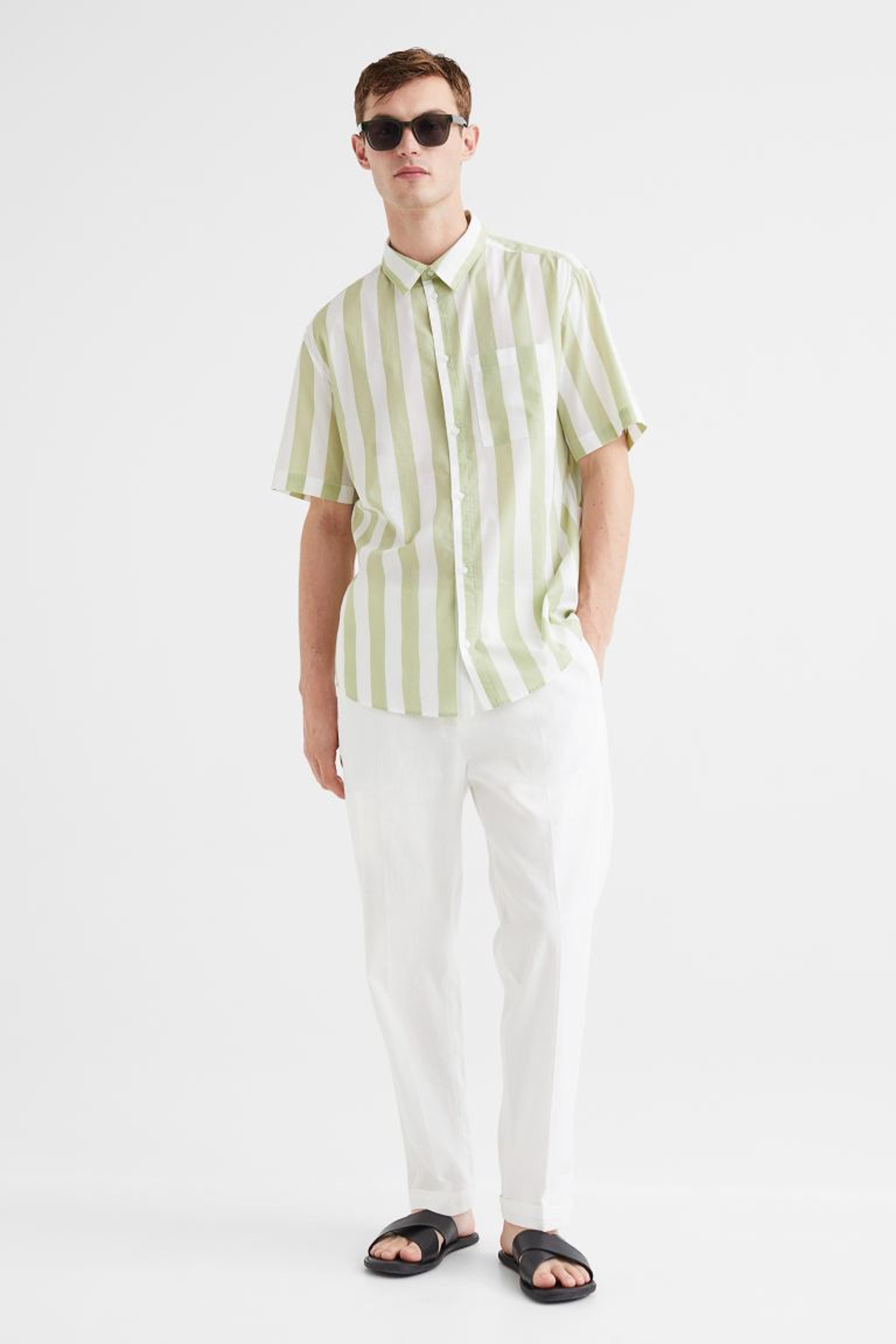 Regular Fit Cotton Shirt - Light green/white striped - Men | H&M US