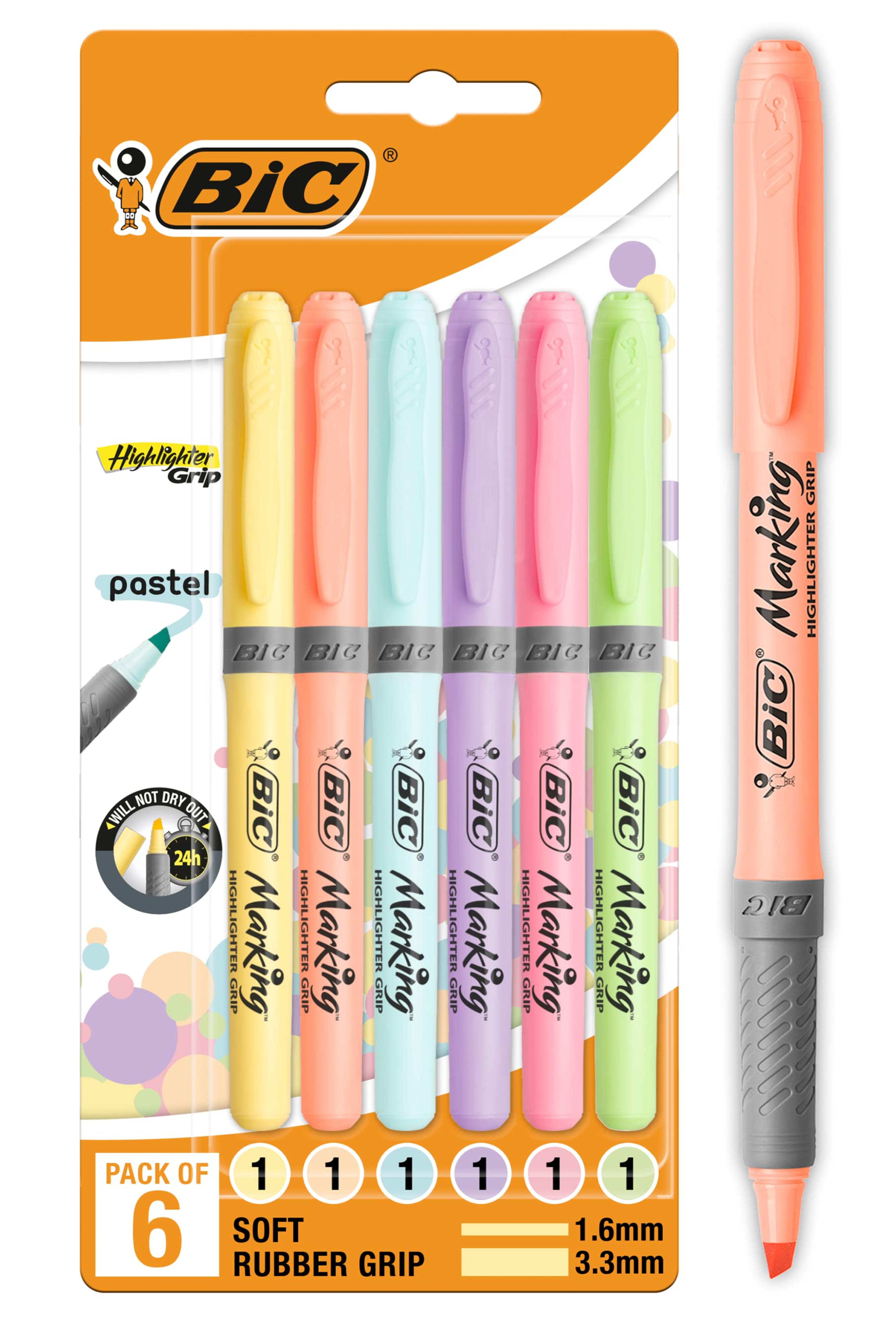 BIC Highlighter Grip Pastel, Highlighter Pens with Adjustable Chisel Tip, Rubber Grip for Extra Comfort, Assorted Colours, Pack of 6