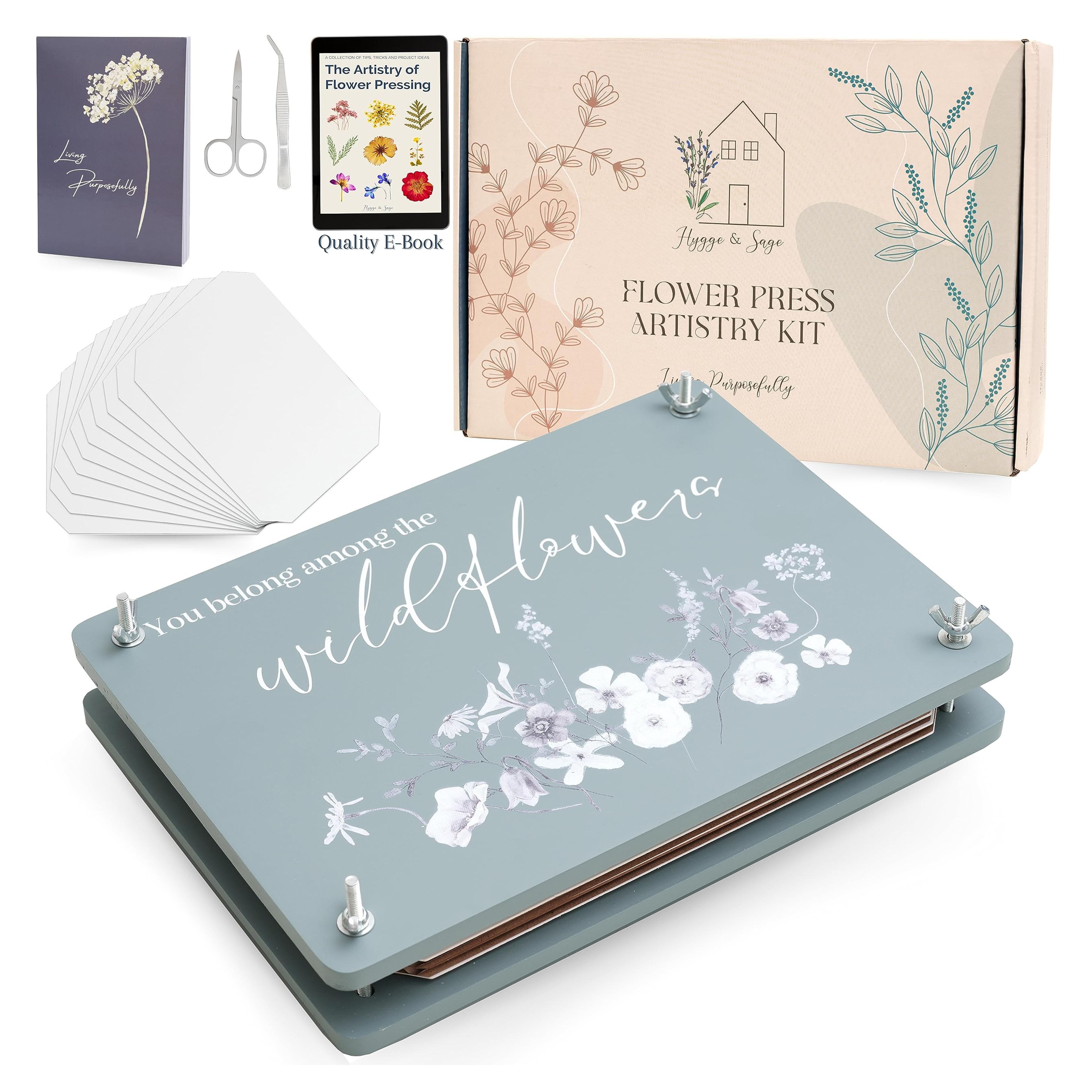 Wooden Flower Press Artistry Kit with Nature Journal | 6-Layer, 8 x 11 Inch Flower Pressing Kit for Adults with Extra Blotting Paper, Scissors, Tweezers and Bonus Ebook