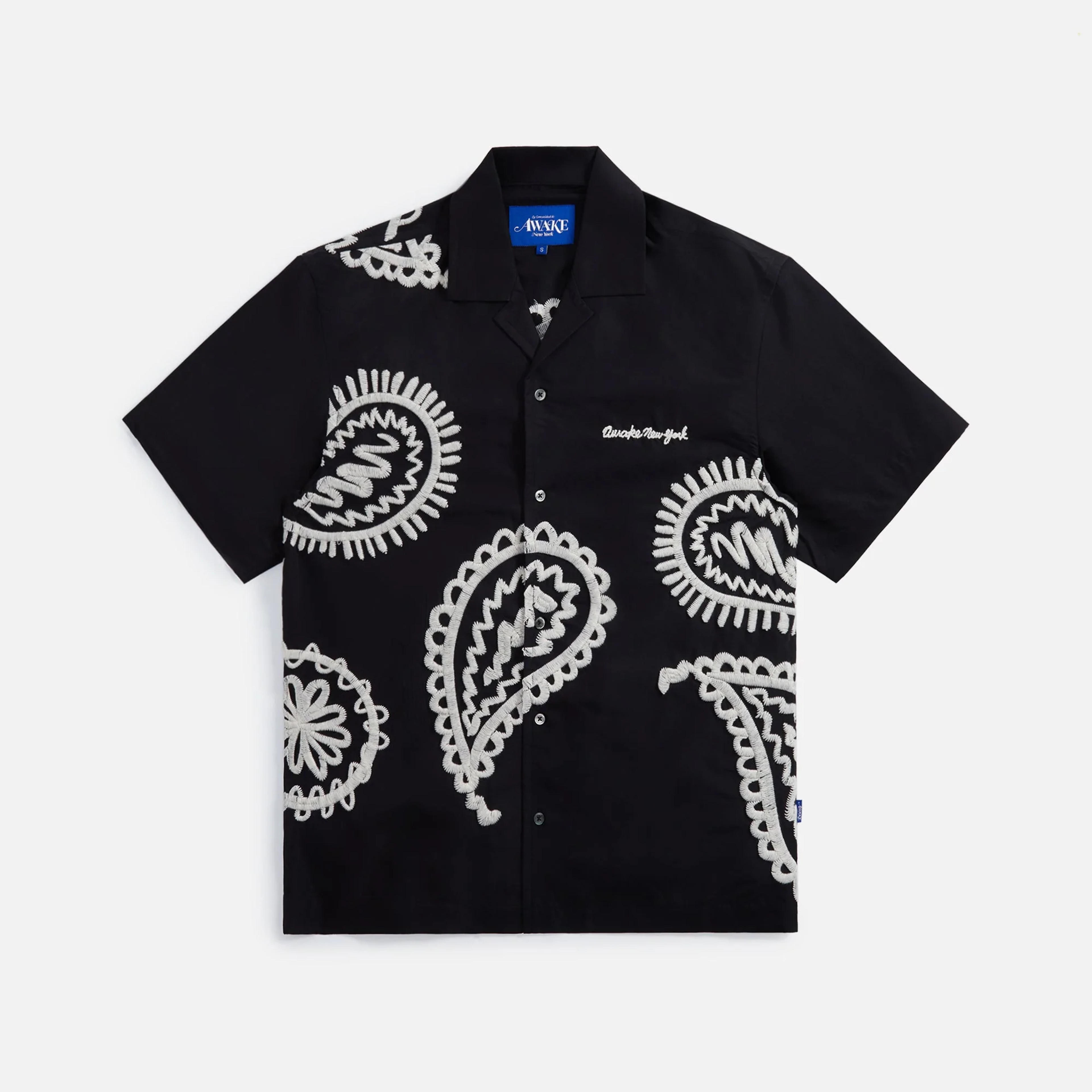 Awake Embroidered Paisley Camp Shirt - Black / Cream - L