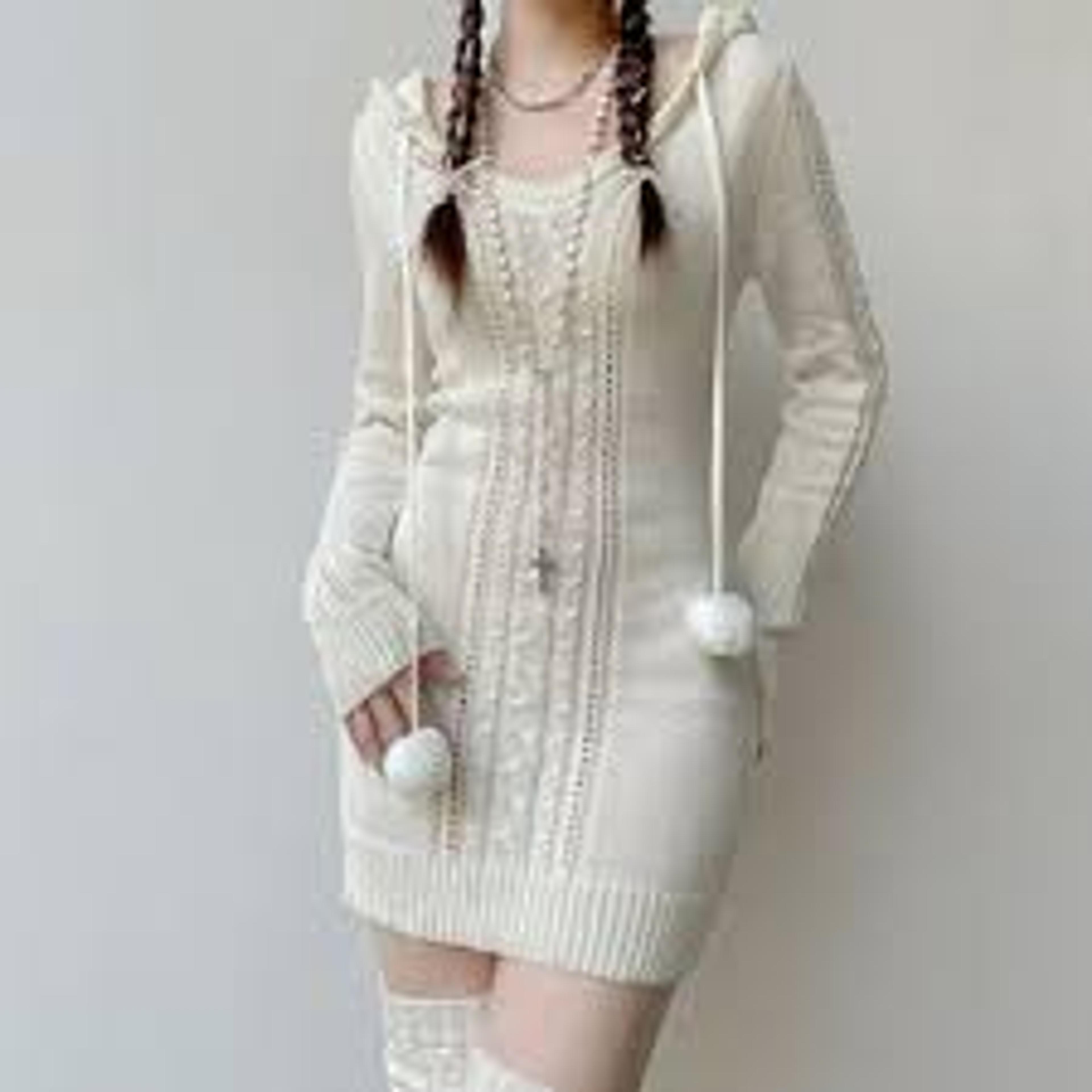 Kawaii Aesthetic Coquette Dollette Winter Knit Pom Pom Dress M