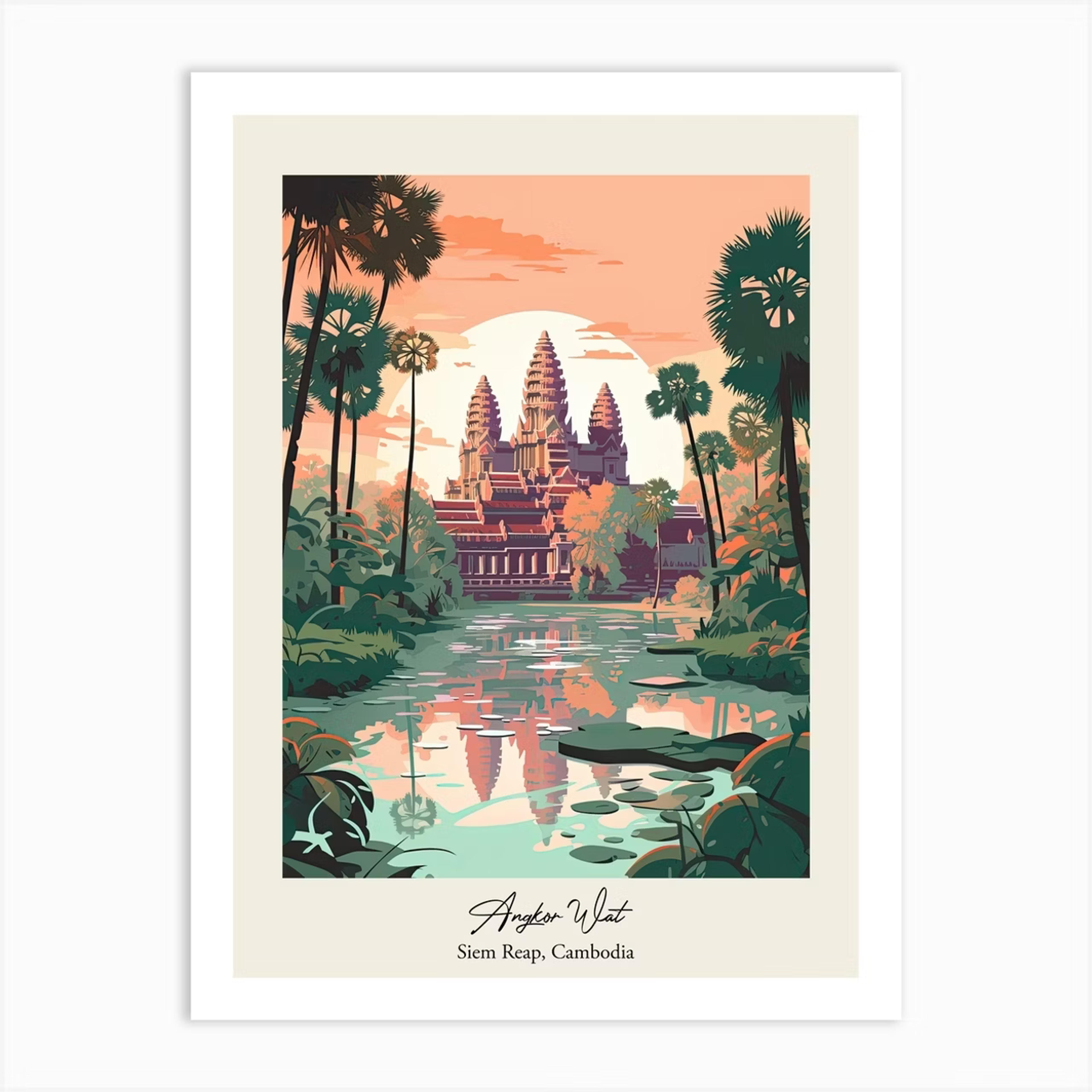 Angkor Wat Siem Reap, Cambodia Cute Botanical Illustration Travel 1 Poster Art Print by Travel Poster Collection - Fy