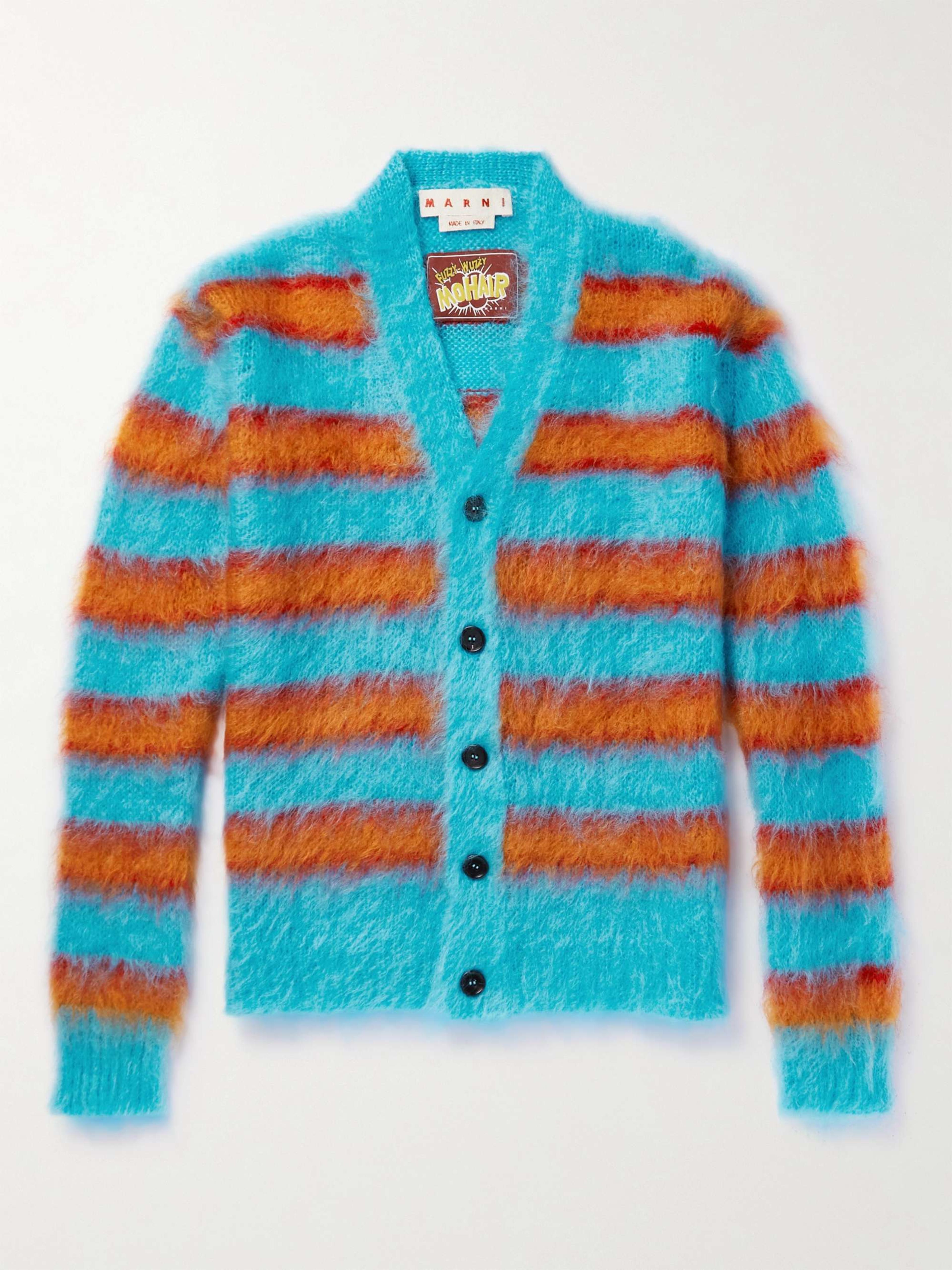 Turquoise Striped Brushed Mohair-Blend Cardigan | MARNI | MR PORTER