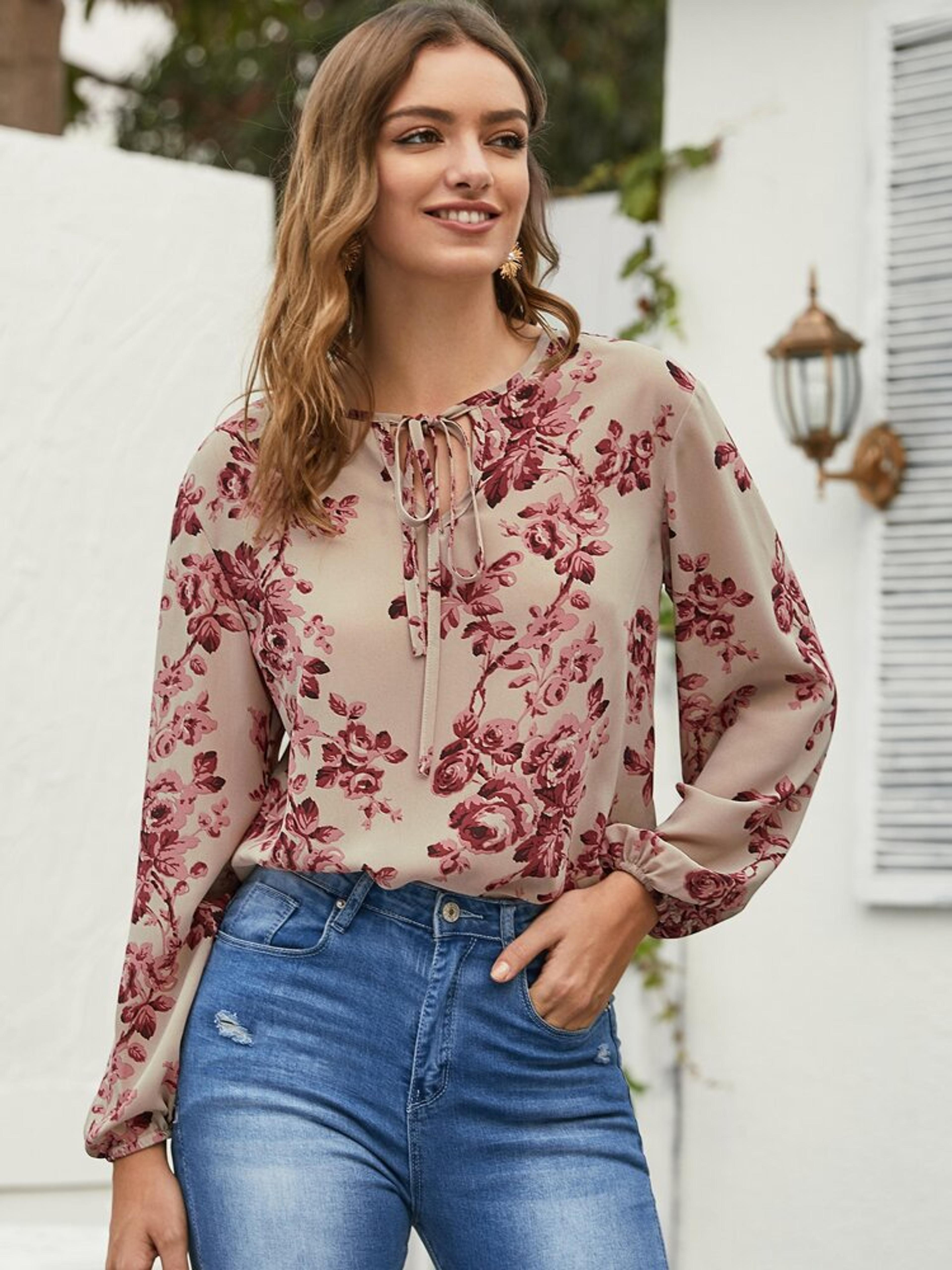 Floral Print Tie Neck Blouse | EMERY ROSE