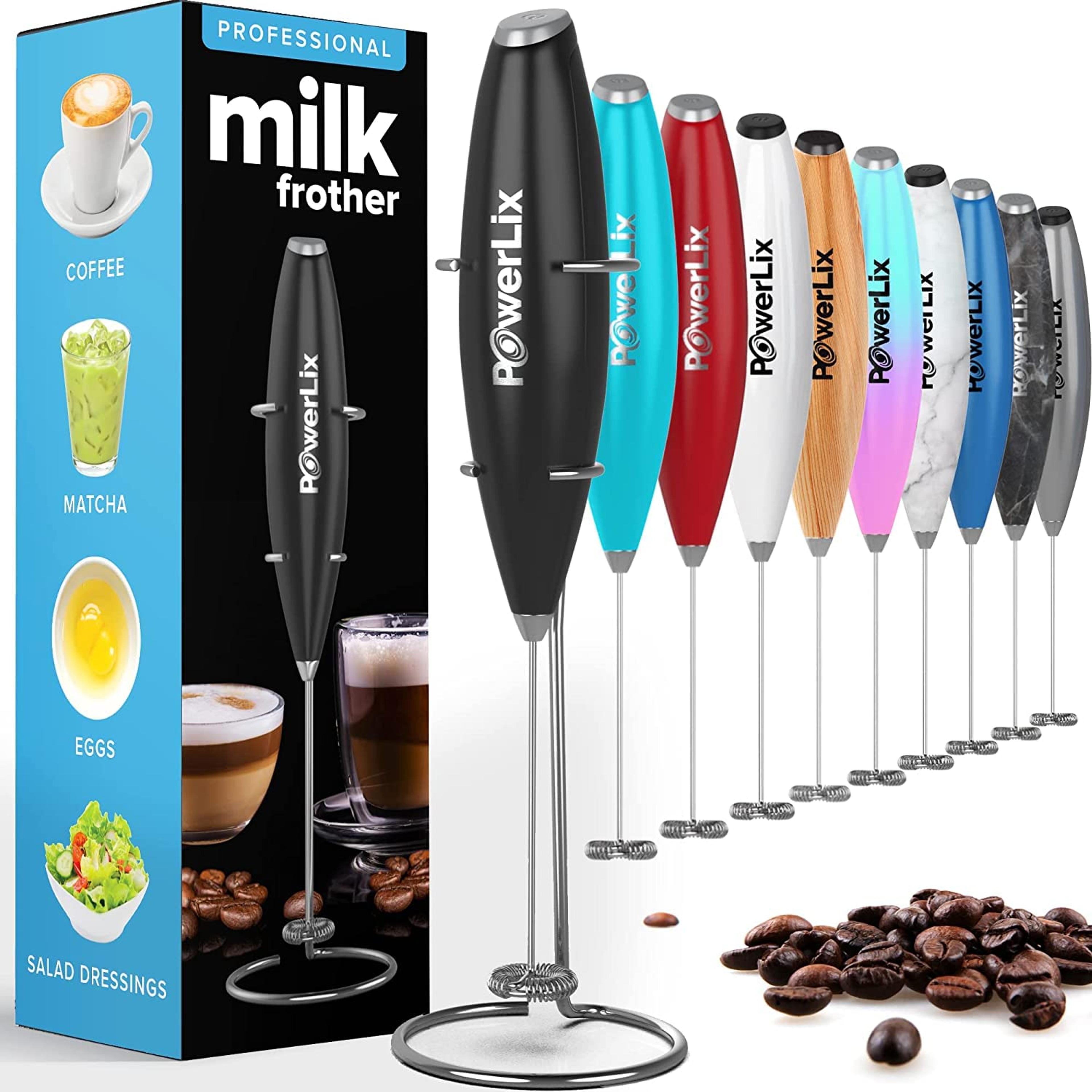 PowerLix Milk Frother Handheld Whisk - Electric Milk Frother Foamer with Stainless Steel Stand,15-20s, Powerful 19000rpm, Mini Drink Mixer Coffee Frother for Latte, Cappuccino, Hot Chocolate, Black