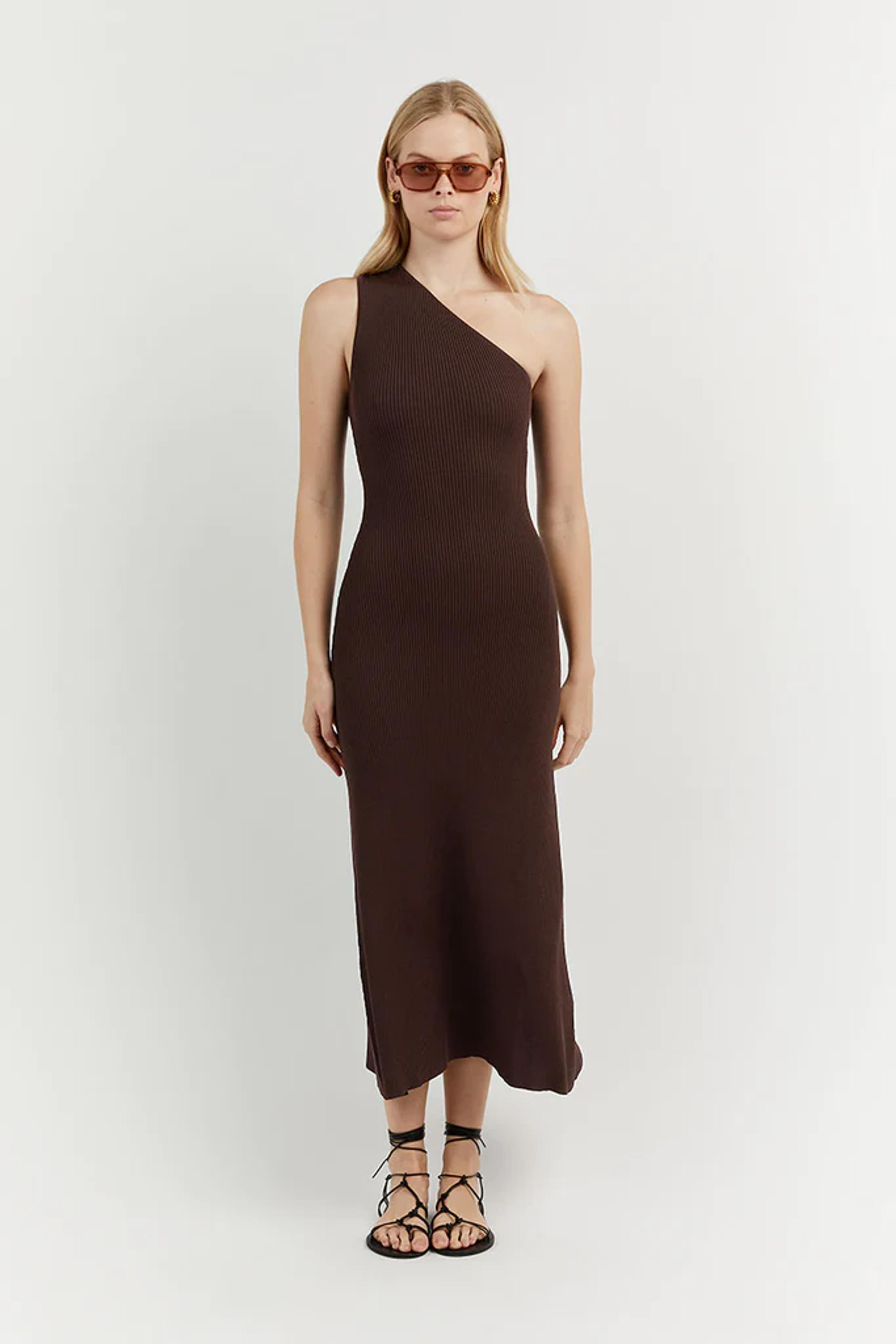 MOSSMAN BIT CHOC ONE SHOULDER DRESS