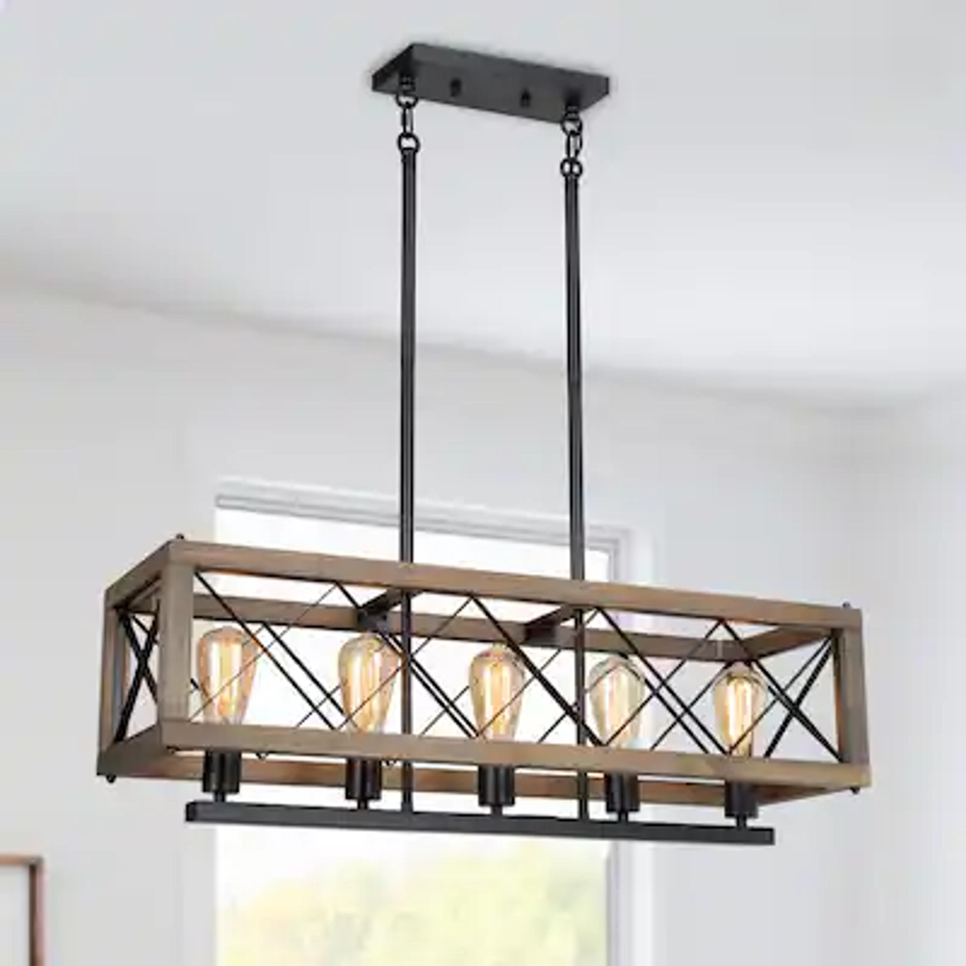 Wood Chandelier 5-Light Farmhouse Black Linear Rectangular Chandelier Island Kitchen Dining Room Chandelier