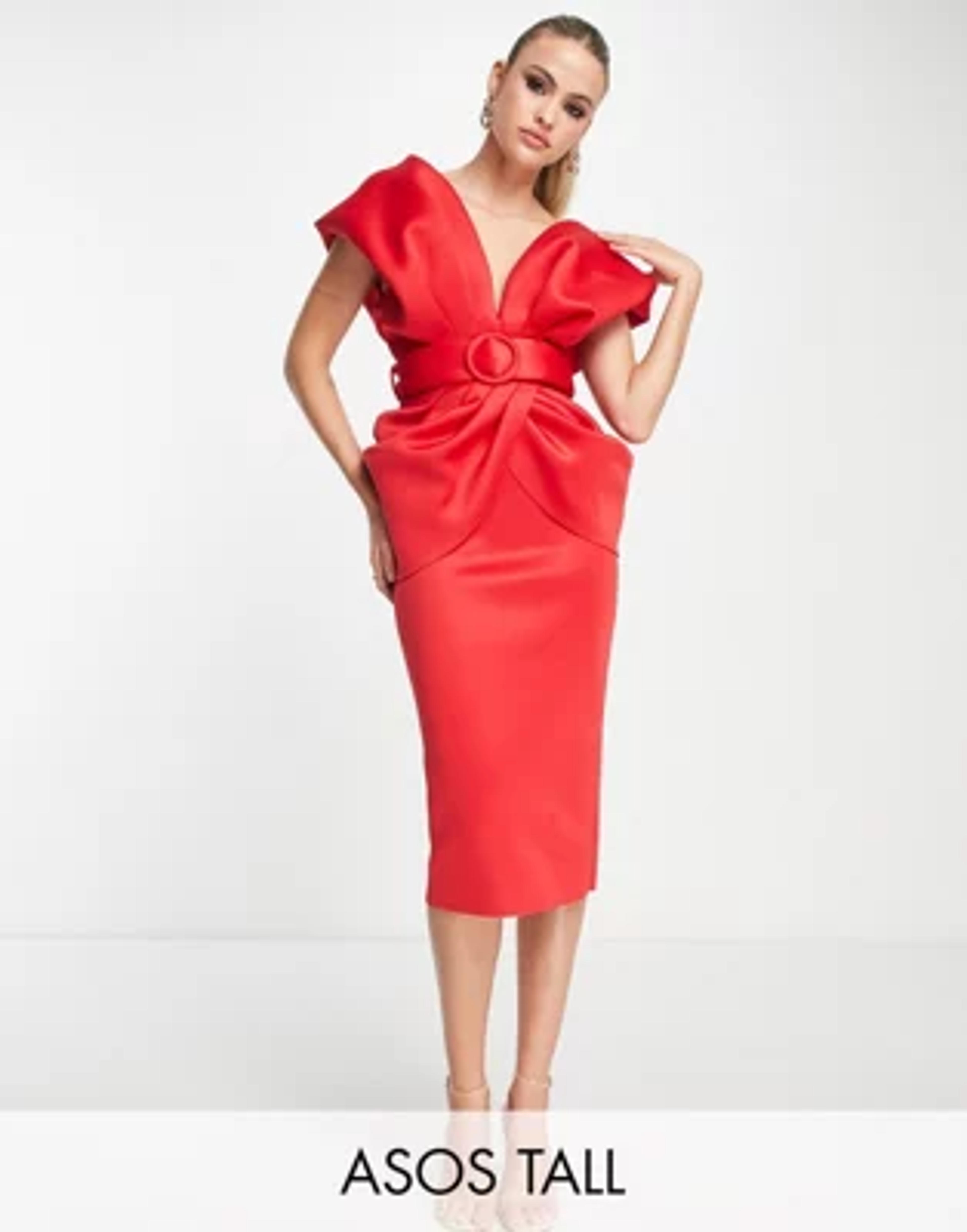 ASOS DESIGN Tall drape shoulder belted midi dress in red | ASOS