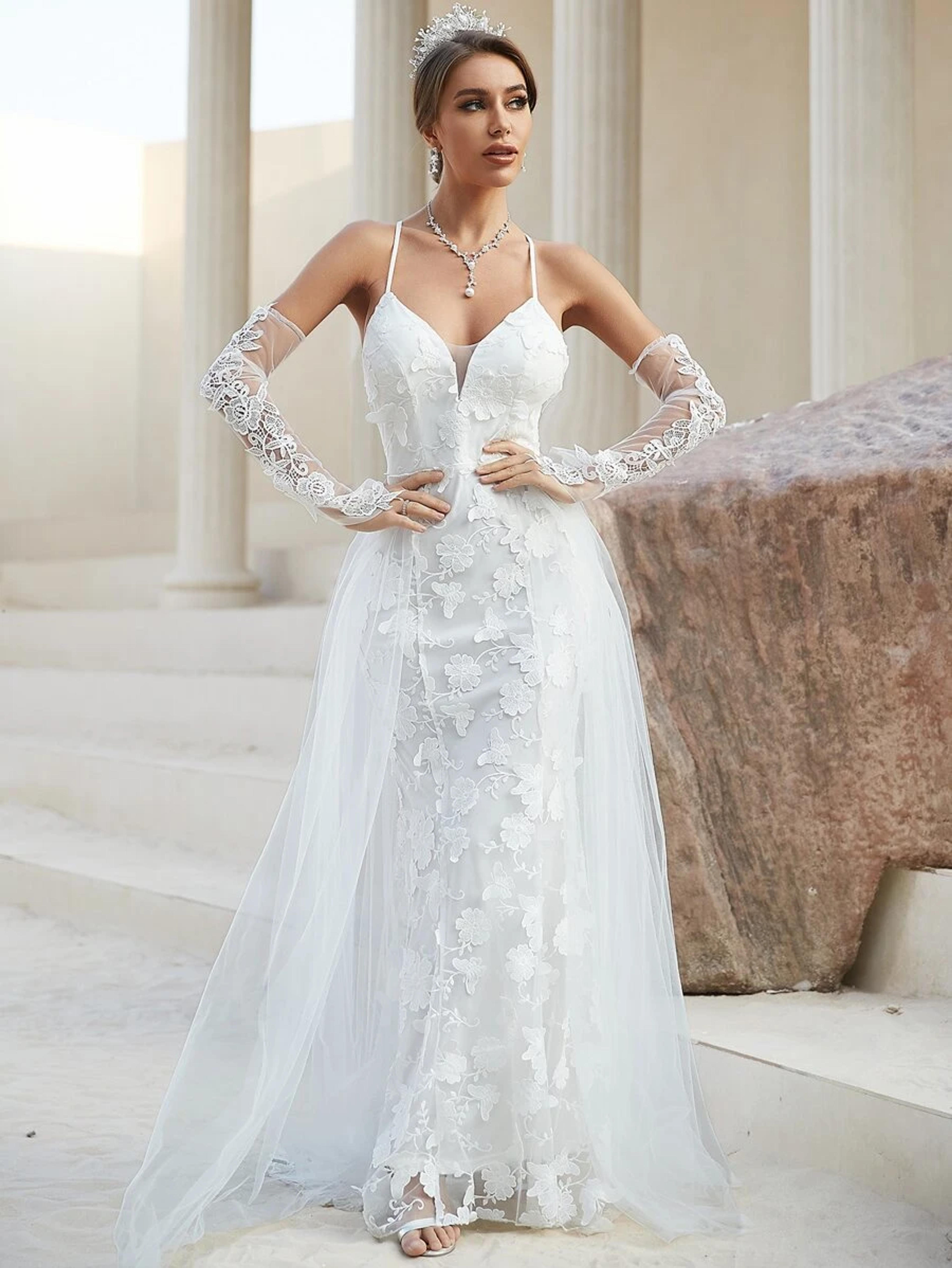 Contrast Guipure Lace Crisscross Backless Mesh Wedding Dress Without Arm Sleeve | SHEIN USA