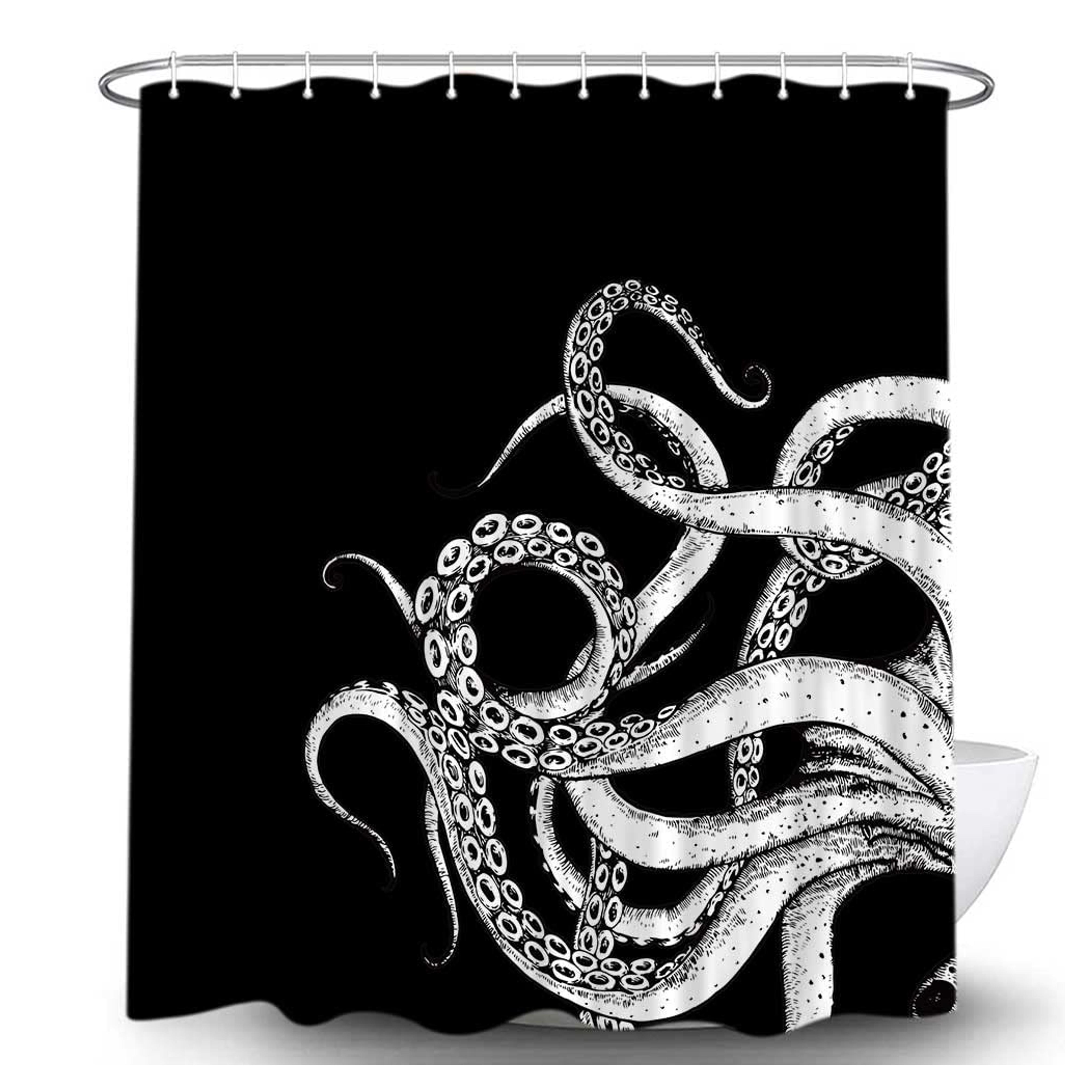 Octopus Decor Shower Curtain for Bathroom, Funny Black and White Sea Monster Kraken Animal Goth Fabric Shower Curtains Set, Unique Novelty Nautical Gothic Restroom Accessories with Hooks 72X72