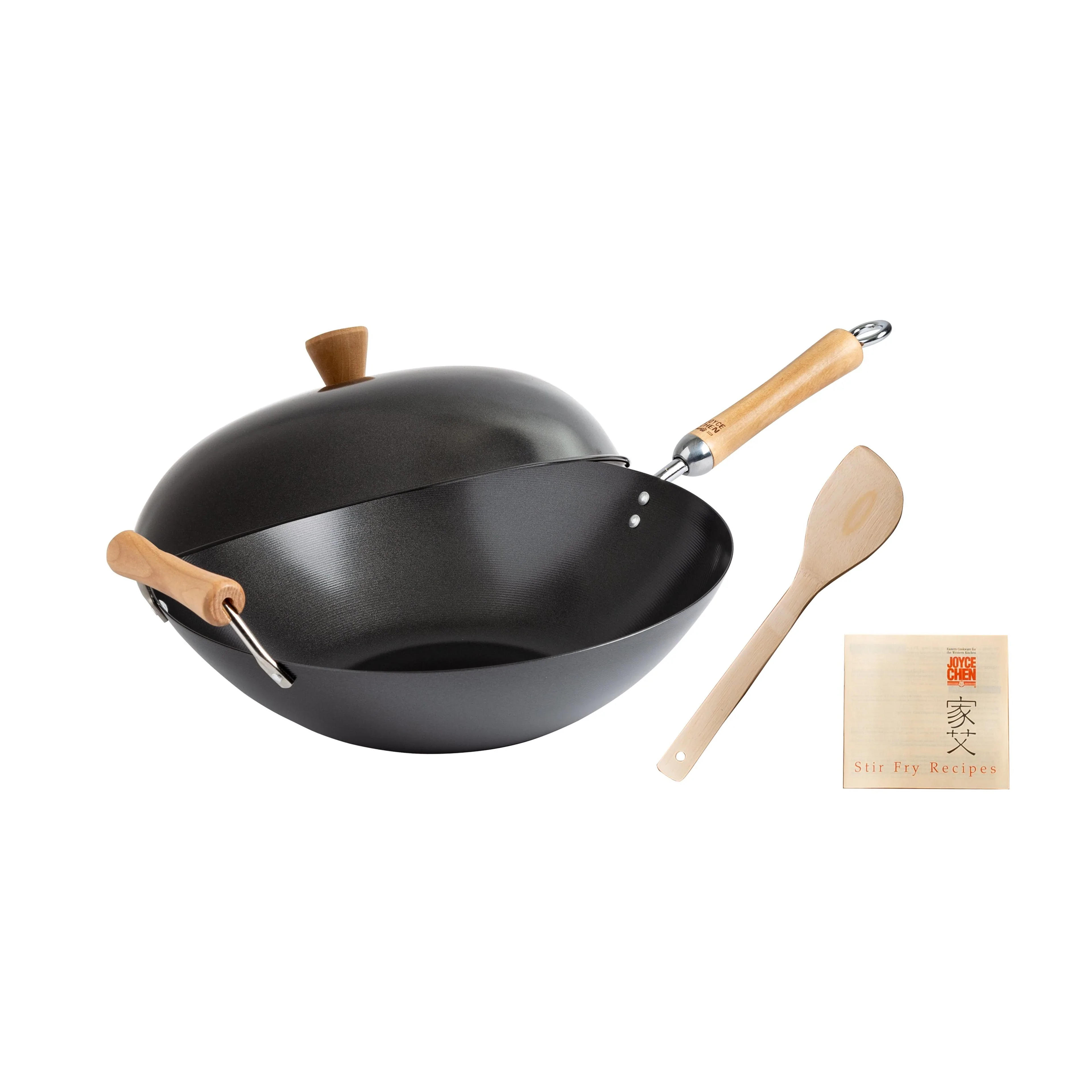 Joyce Chen Classic Series Carbon Steel Nonstick Wok Set with Lid and Birch Handles, 4 Pieces