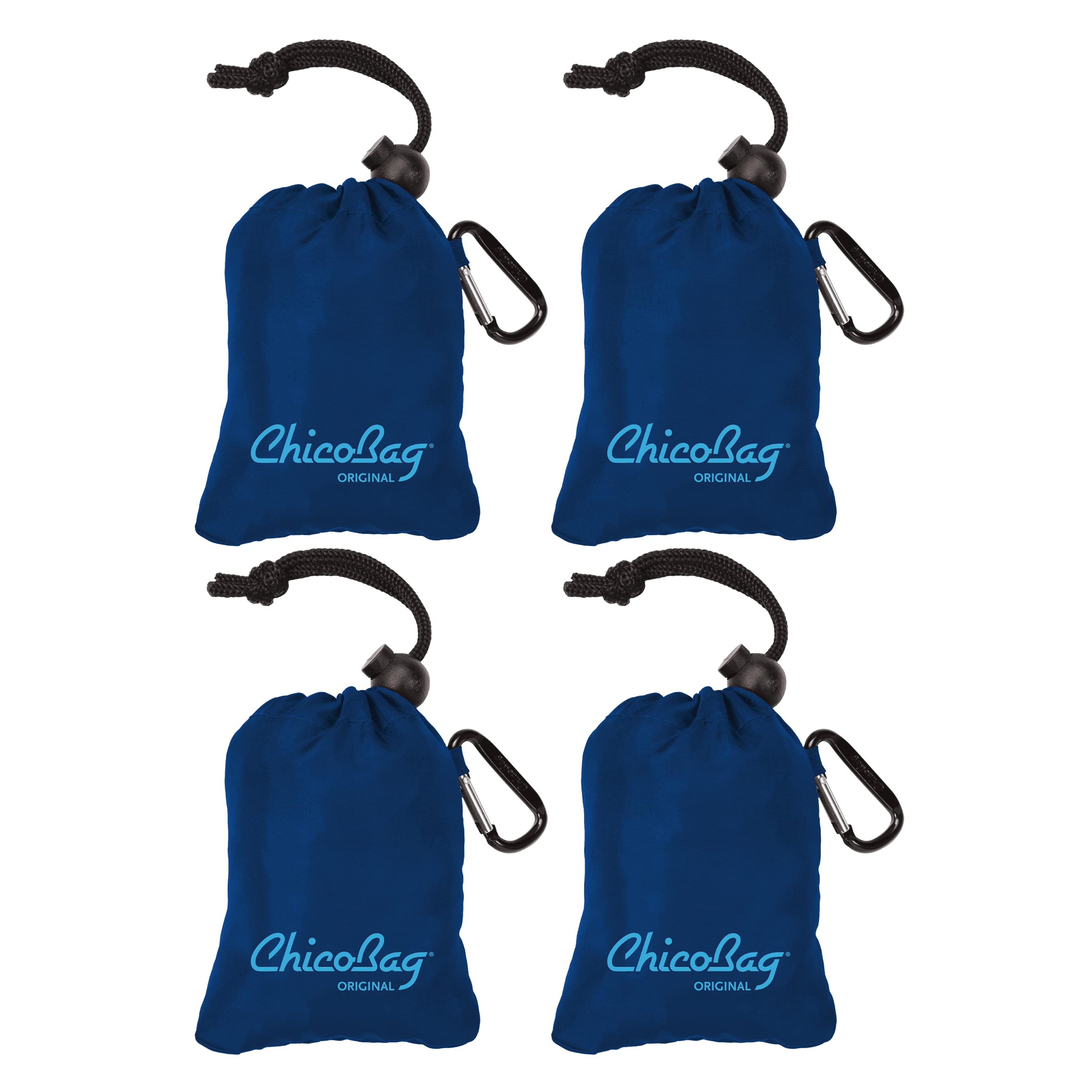 Chicobag Original Compact Reusable Grocery Bag with Attached Pouch and Carabiner Clip- 4 Pack Blue