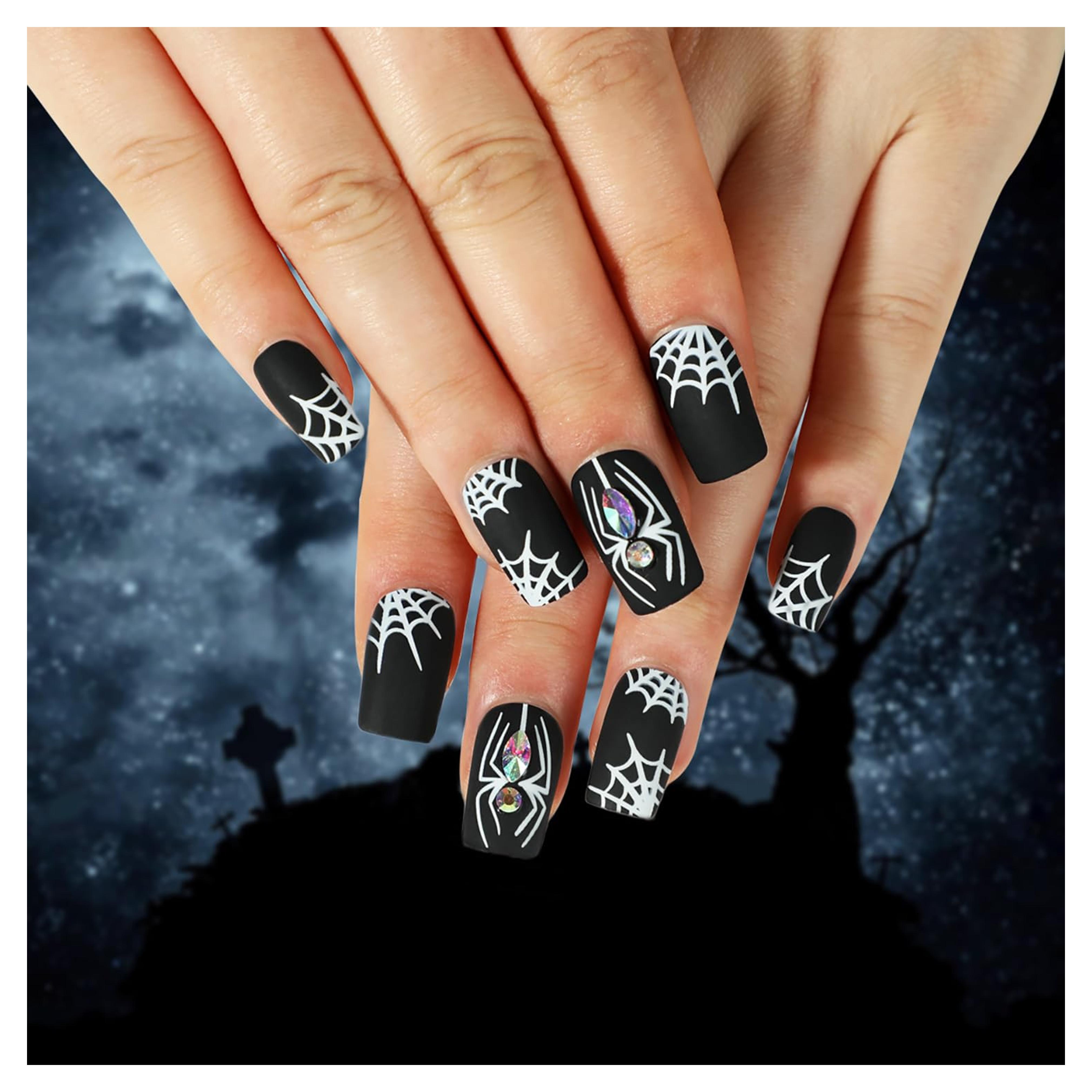 Halloween Black Press on Nails Short Square Fake Nails Spider Web False Nails with Designs Acrylic Matte Glue on Nails Artificial Rhinestones Stick on Nails for Women Halloween Nail Decorations 24Pcs