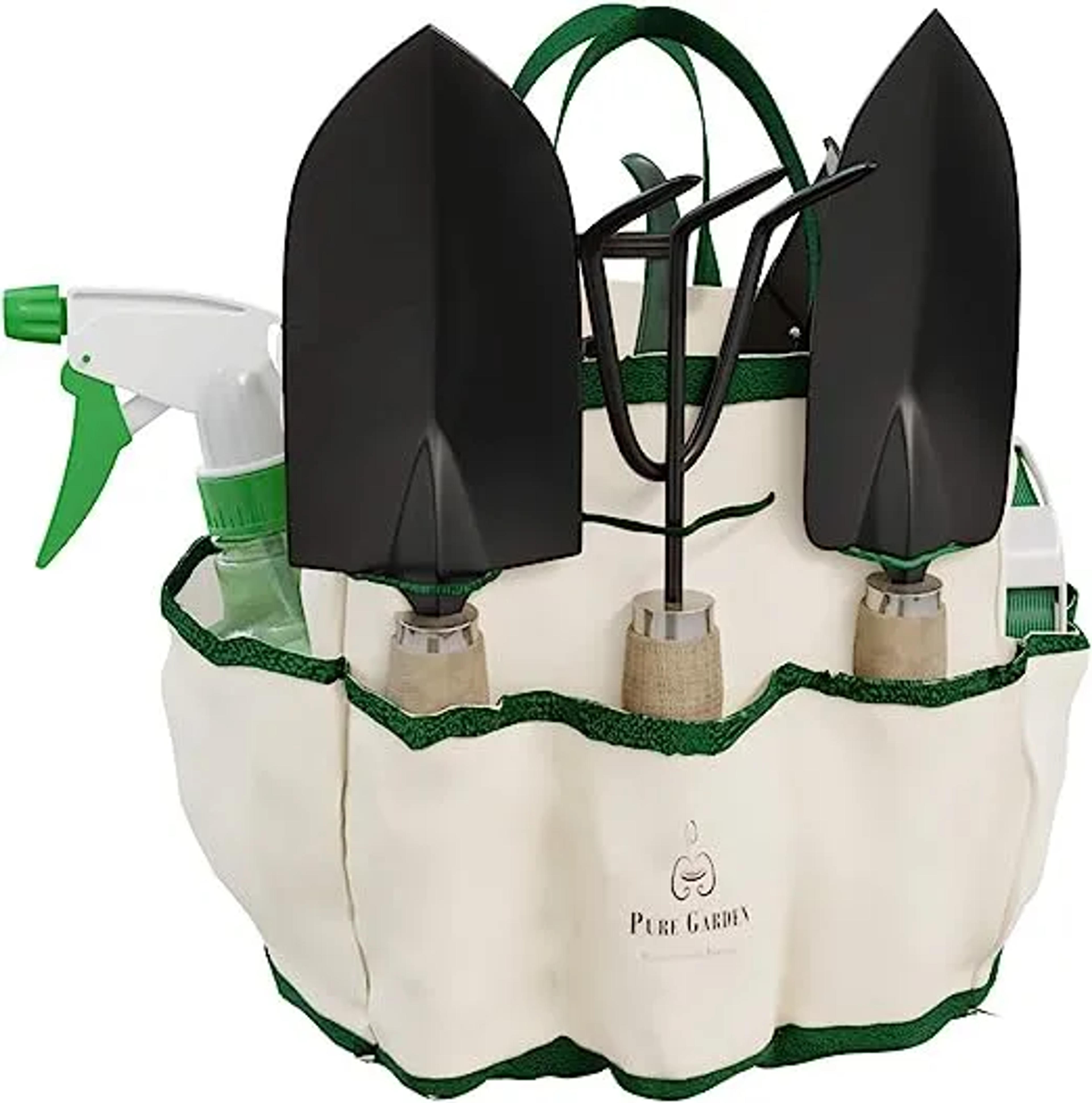 Garden Hand Tool Set with Canvas Tote, Ultimate Gardening Tools Kit, Branch Pruner & Snip, Shovel, Rake, Trowel, Soft Wire Tie and Water Bottle in a Durable Canvas Tote