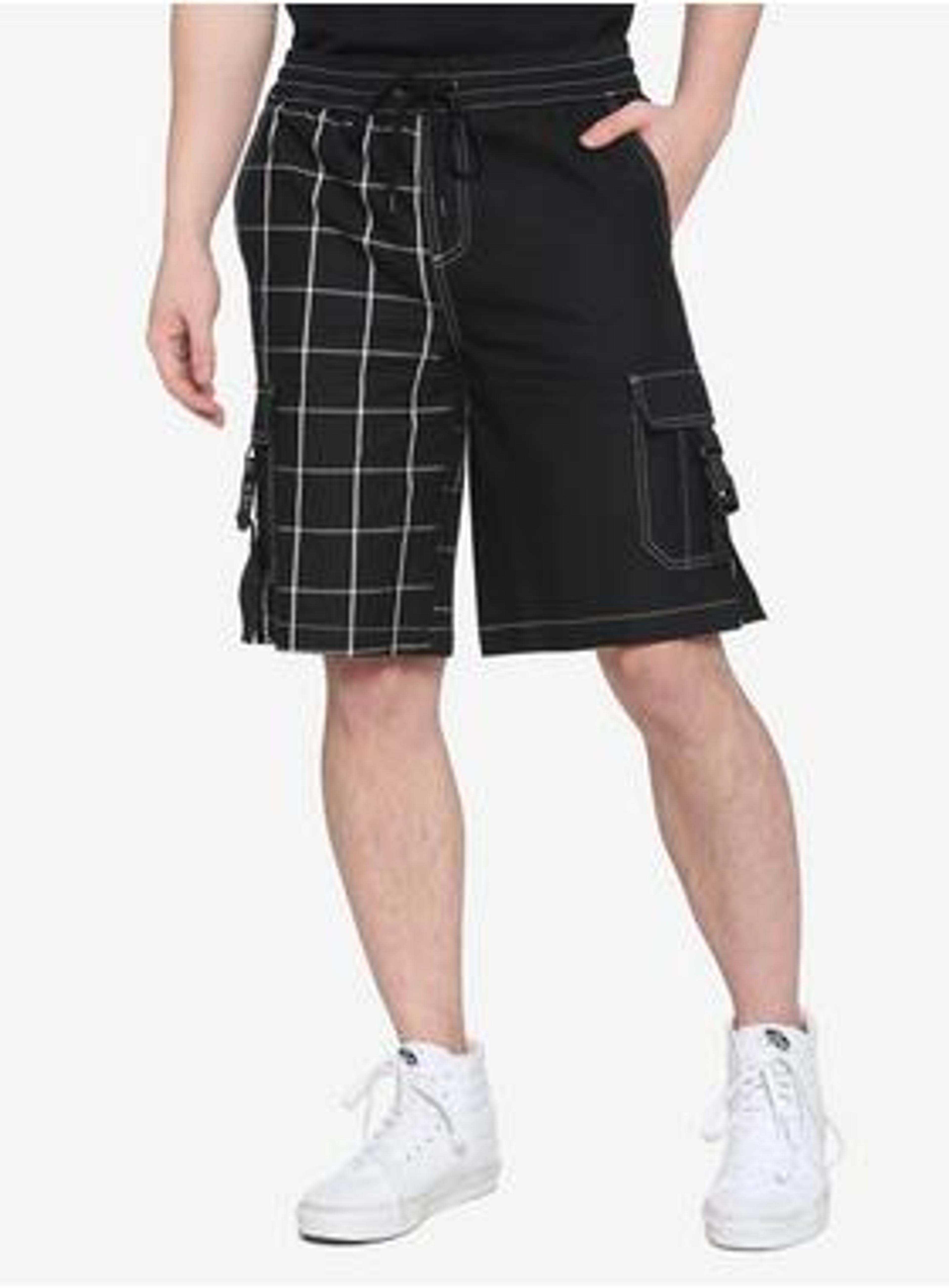 Black Grid Split Cargo Shorts