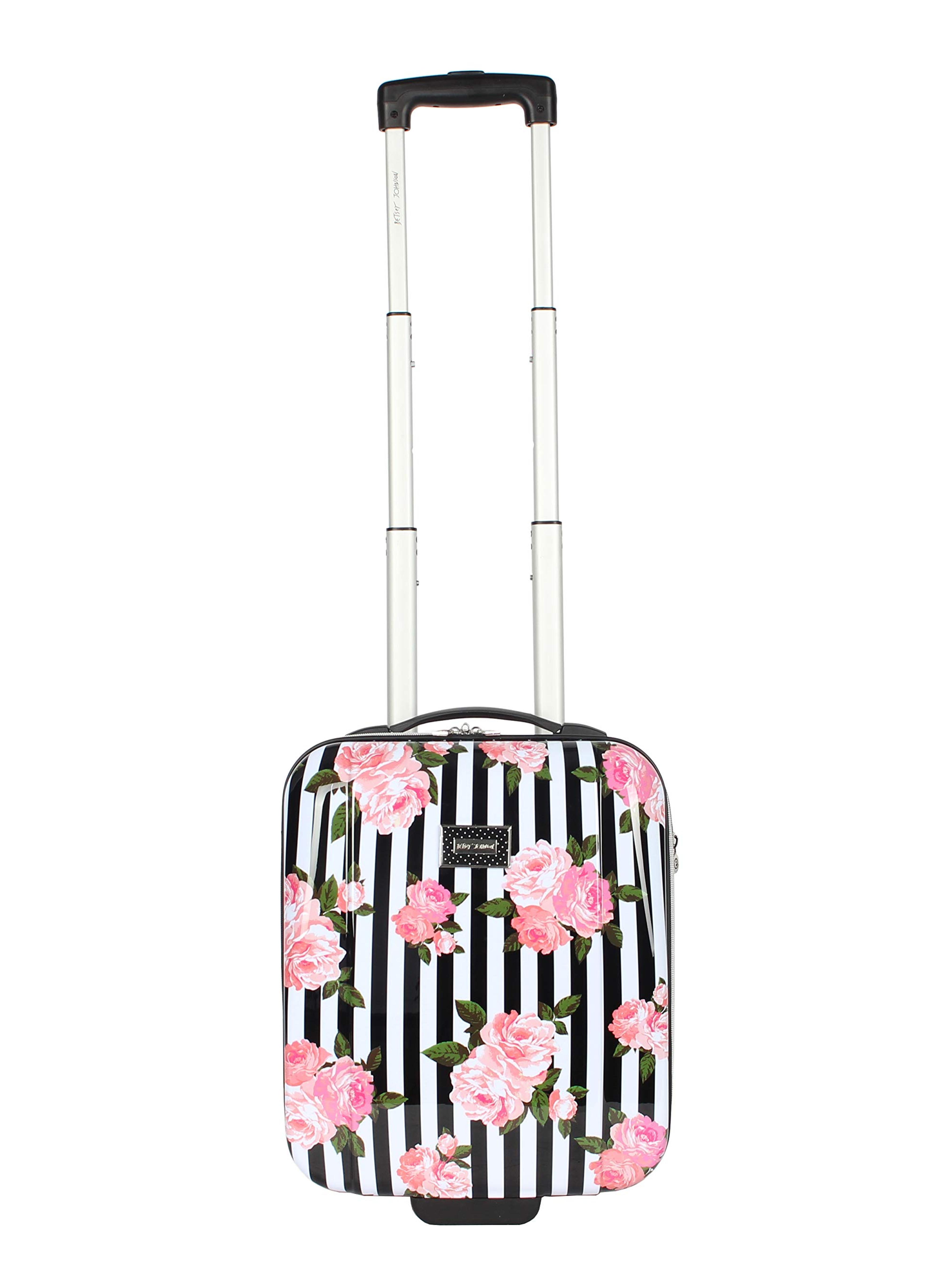 Amazon.com | Betsey Johnson Designer Underseat Luggage Collection - 15 Inch Hardside Carry On Suitcase for Women- Lightweight Under Seat Bag with 2-Rolling Spinner Wheels (Stripe Roses) | Carry-Ons