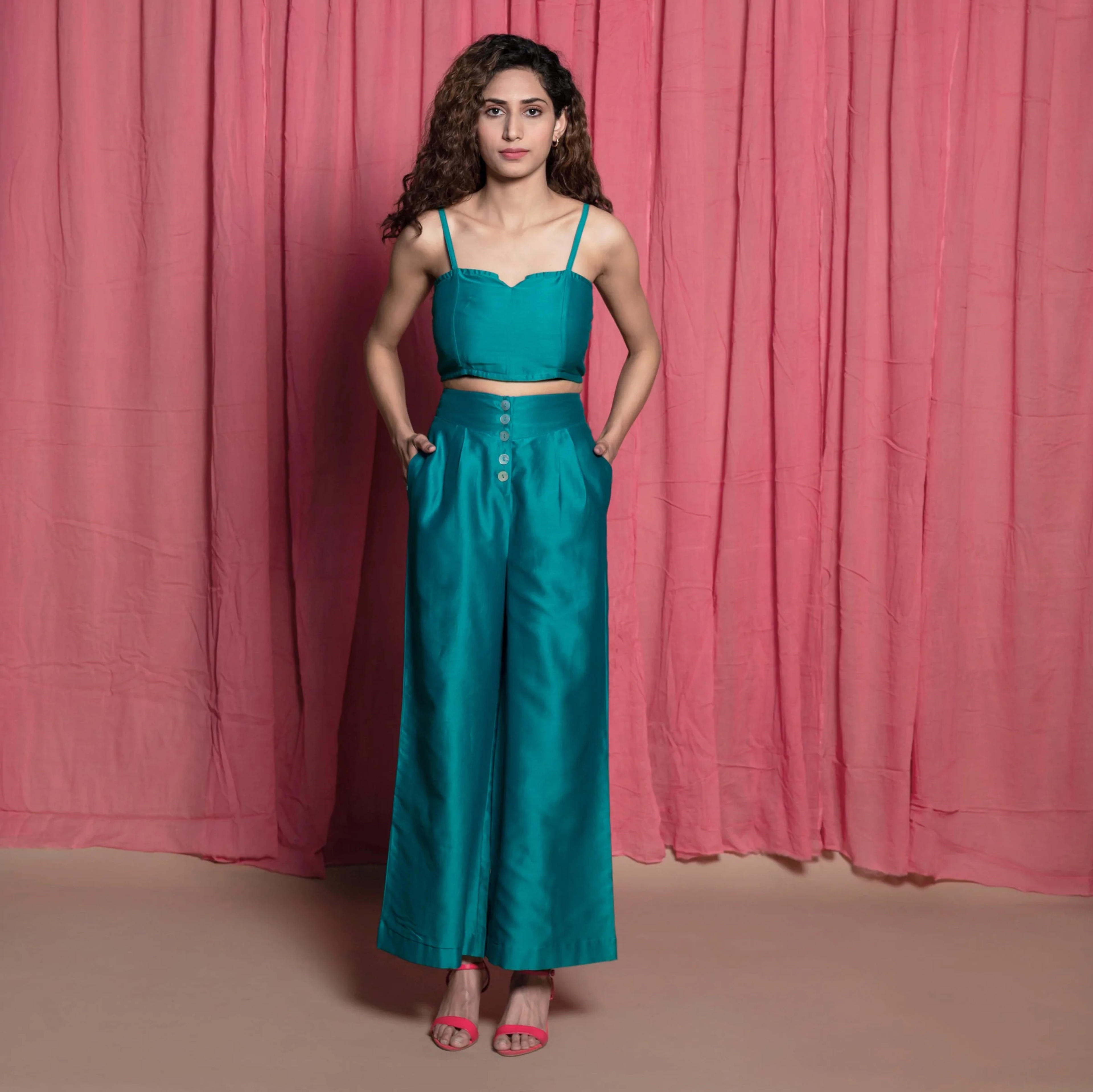 Teal Chanderi Crop Top and Pant Set - 32" | 25" / Tall (5'7" and above)