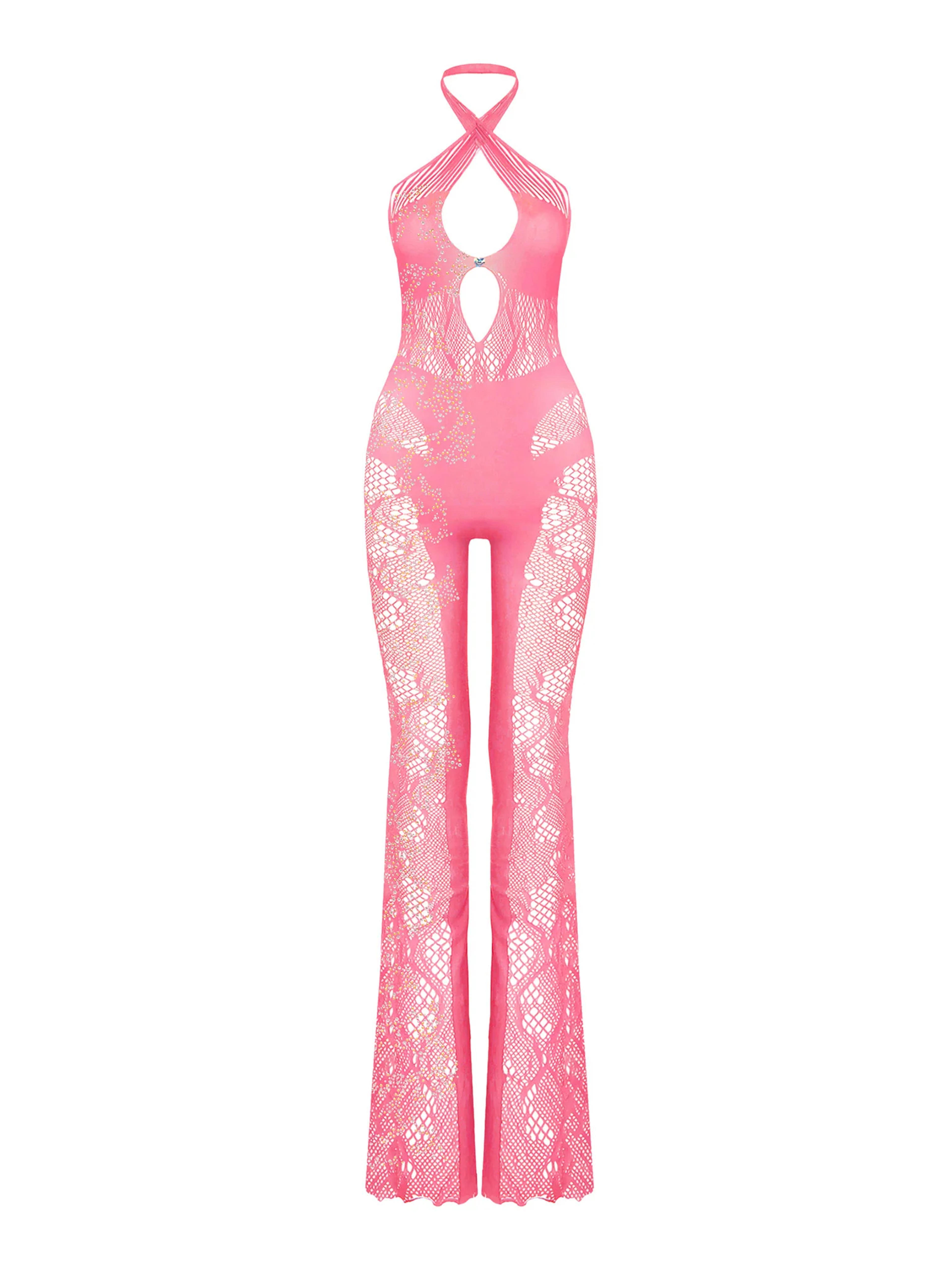 Nadia Halterneck Cut-Out Lace Jumpsuit Pink | POSTER GIRL