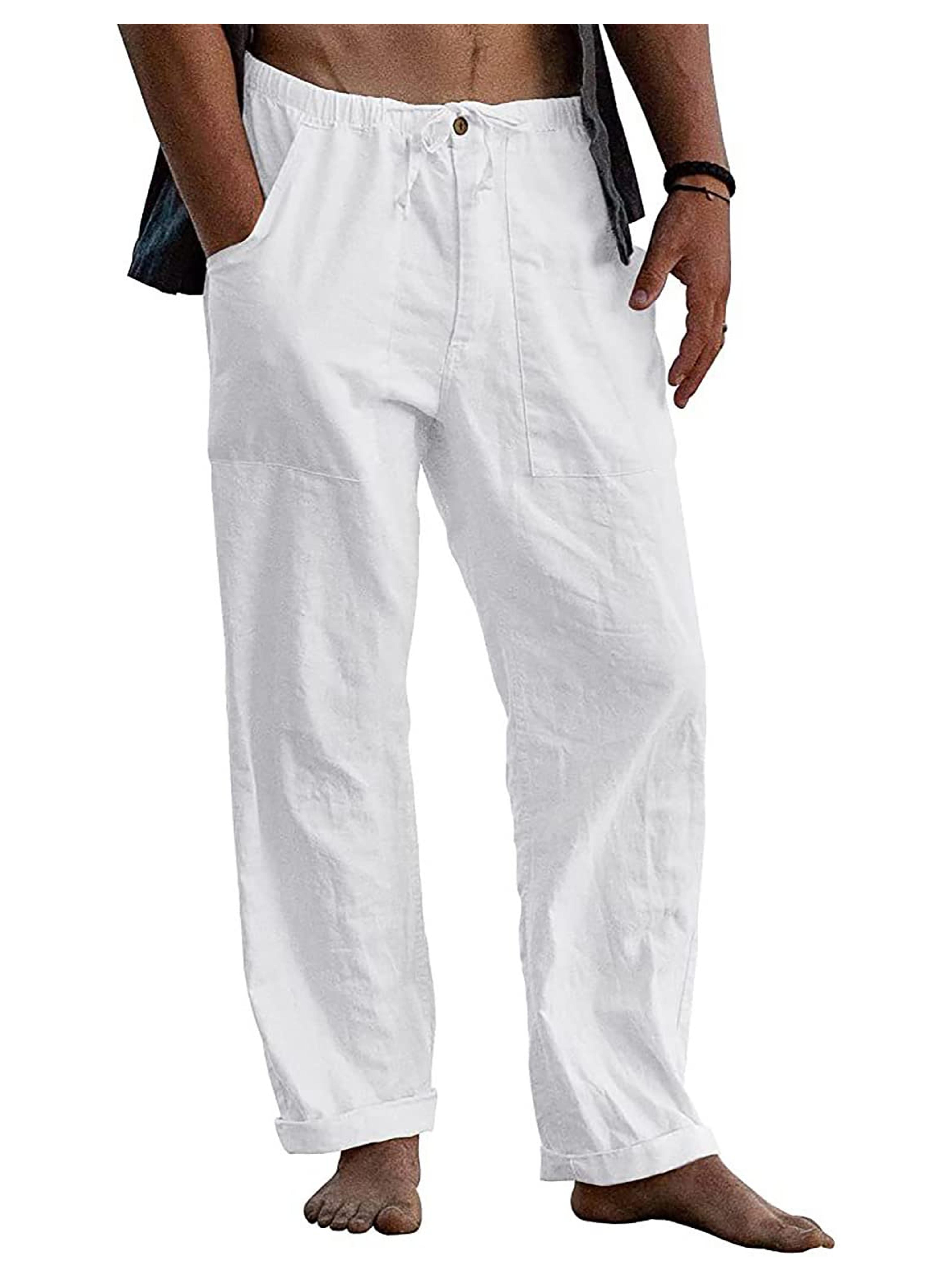 Amazon.com: FANARCHER Men’s Cotton Linen Pants Drawstring Loose Beach Pants with Pockets White : Clothing, Shoes & Jewelry