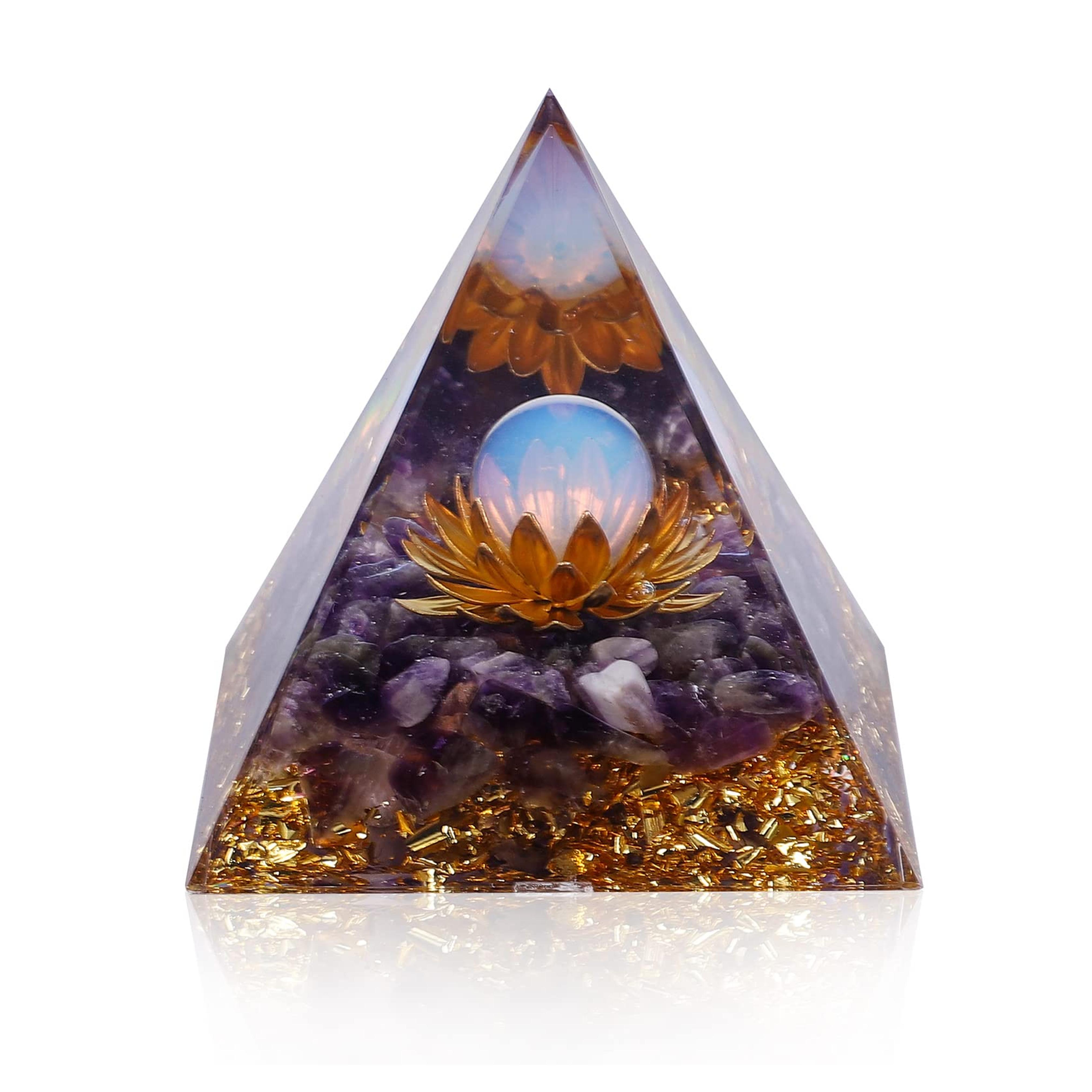 Orgone Pyramid Positive Energy, Crystal Pyramid Flower of Life Orgonite Quartz with Agate, Protection Crystals Energy Generator for Stress Reduce Healing Meditation Attract Wealth Lucky Lotus(Purple)