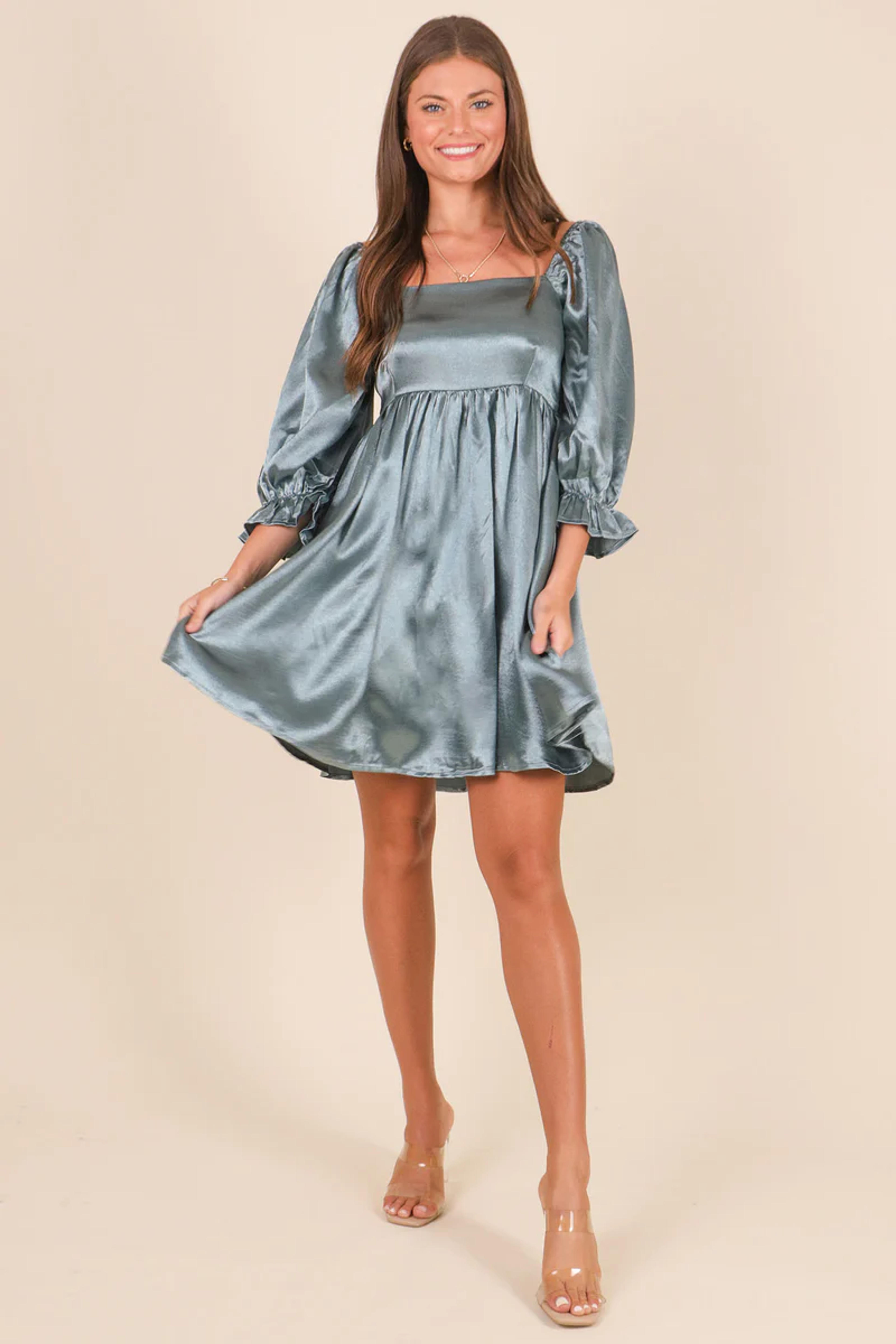 Cool Gray Satin Babydoll Dress | Blue Gray Dress with Puff Sleeves – Blu Spero