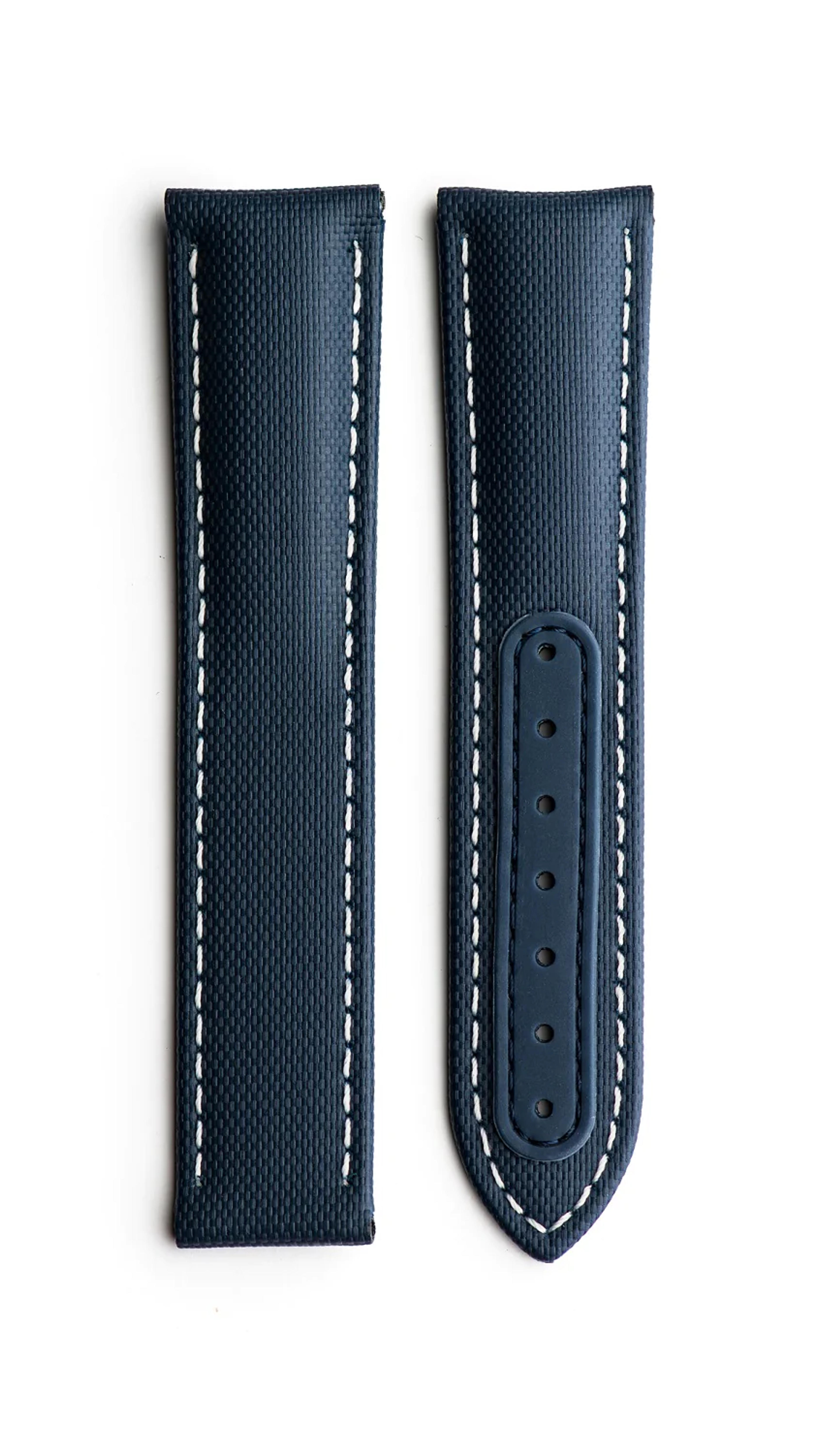 Loop-Less Navy Blue Sailcloth Watch Strap with White Stitching