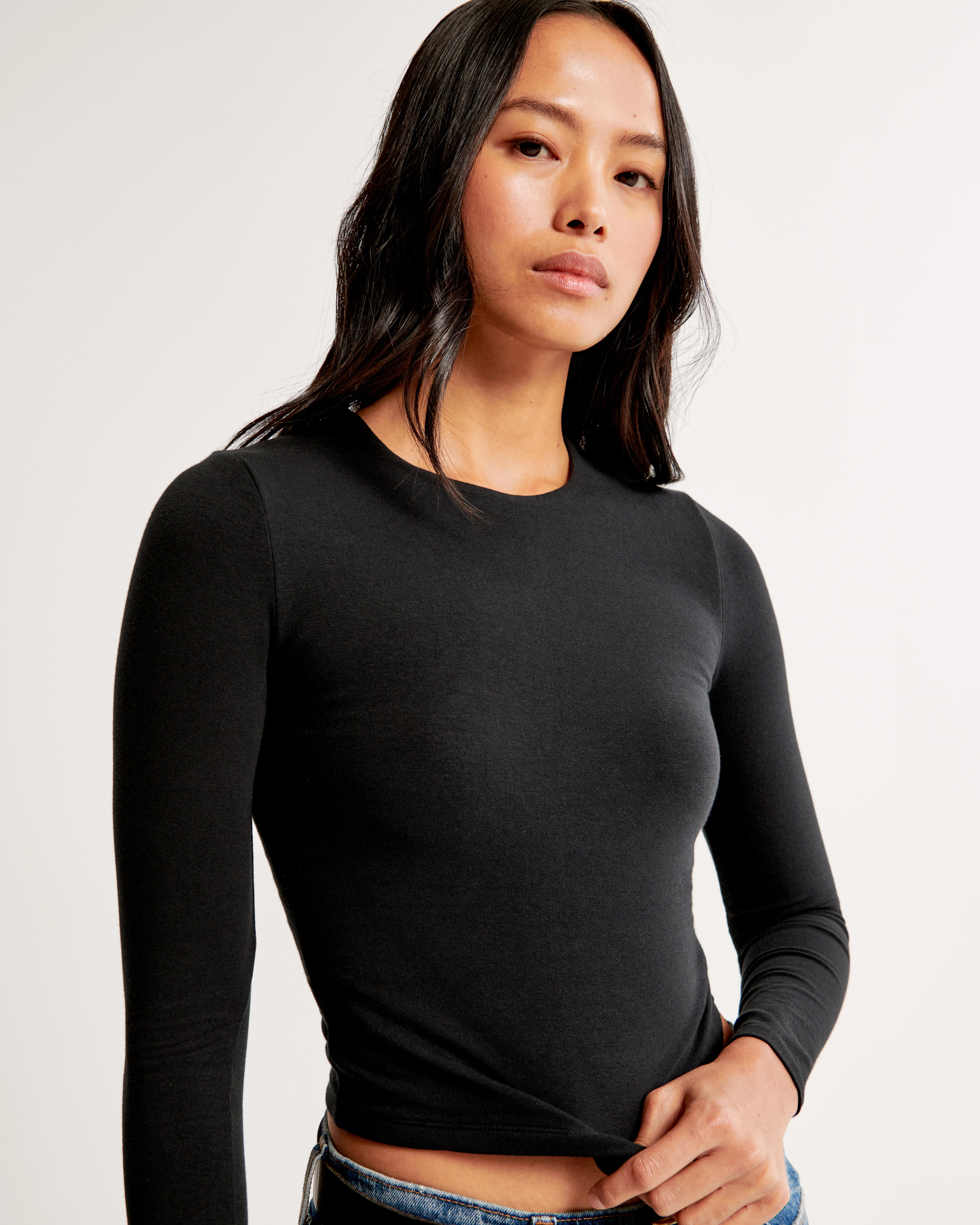 Long-Sleeve Cotton-Blend Seamless Fabric Cropped Tee